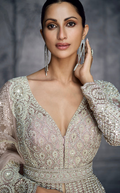 Ivory Silver Embroidered Bridal Net Lehenga &amp; Moti &amp; Seroski Handwork