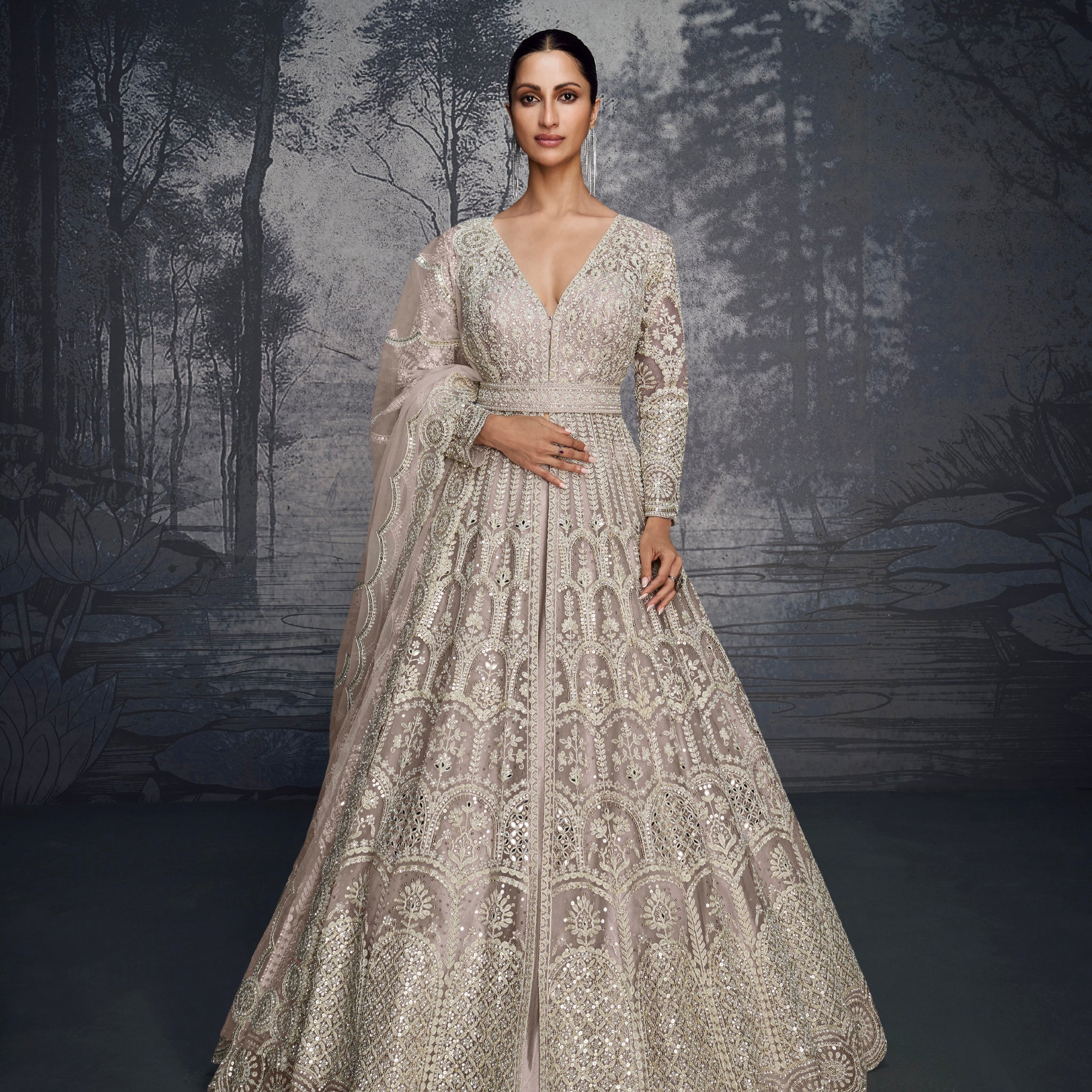 Ivory Silver Embroidered Bridal Net Lehenga & Moti & Seroski Handwork