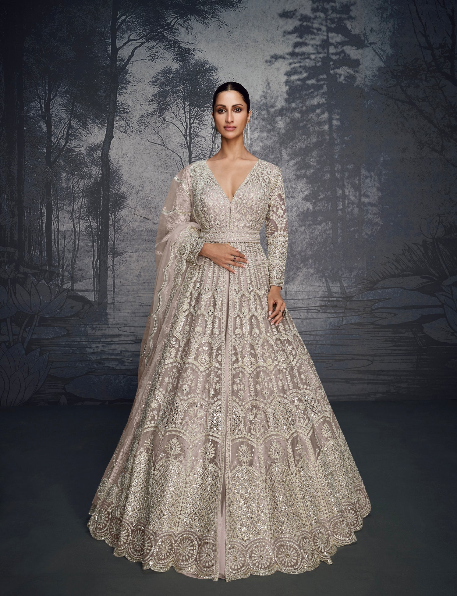 Ivory Silver Embroidered Bridal Net Lehenga &amp; Moti &amp; Seroski Handwork