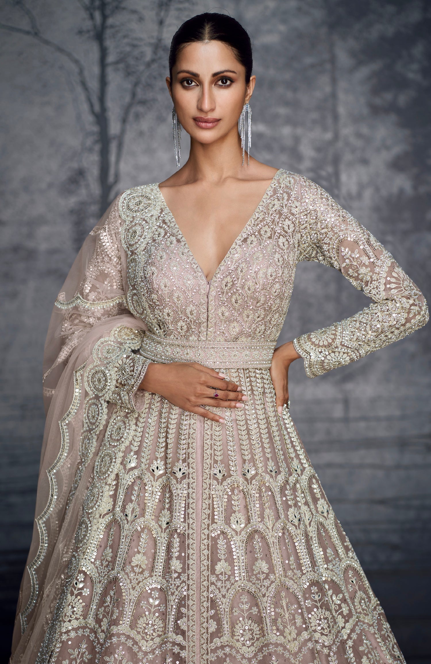 Ivory Silver Embroidered Bridal Net Lehenga &amp; Moti &amp; Seroski Handwork