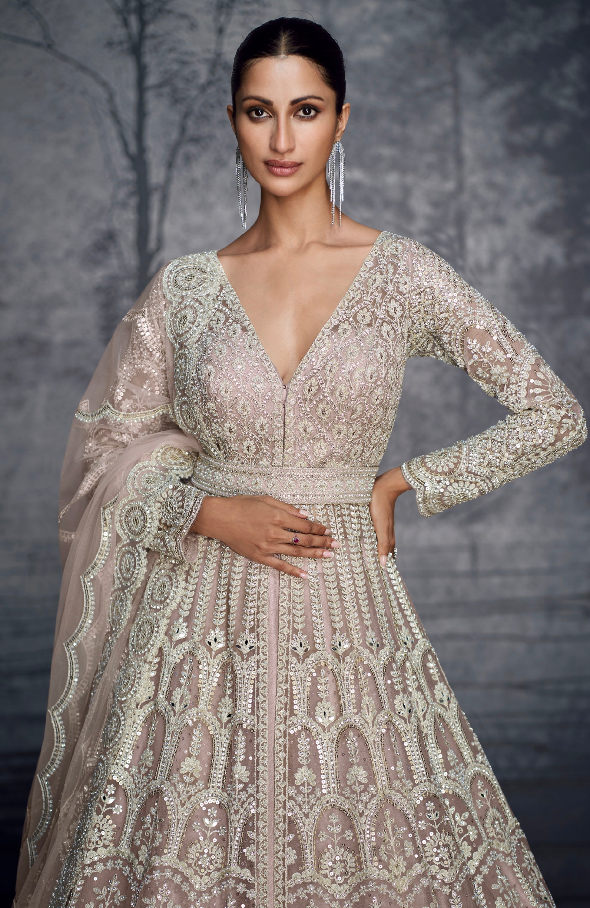Ivory Silver Embroidered Bridal Net Lehenga &amp; Moti &amp; Seroski Handwork
