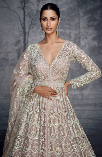 Ivory Silver Embroidered Bridal Net Lehenga &amp; Moti &amp; Seroski Handwork