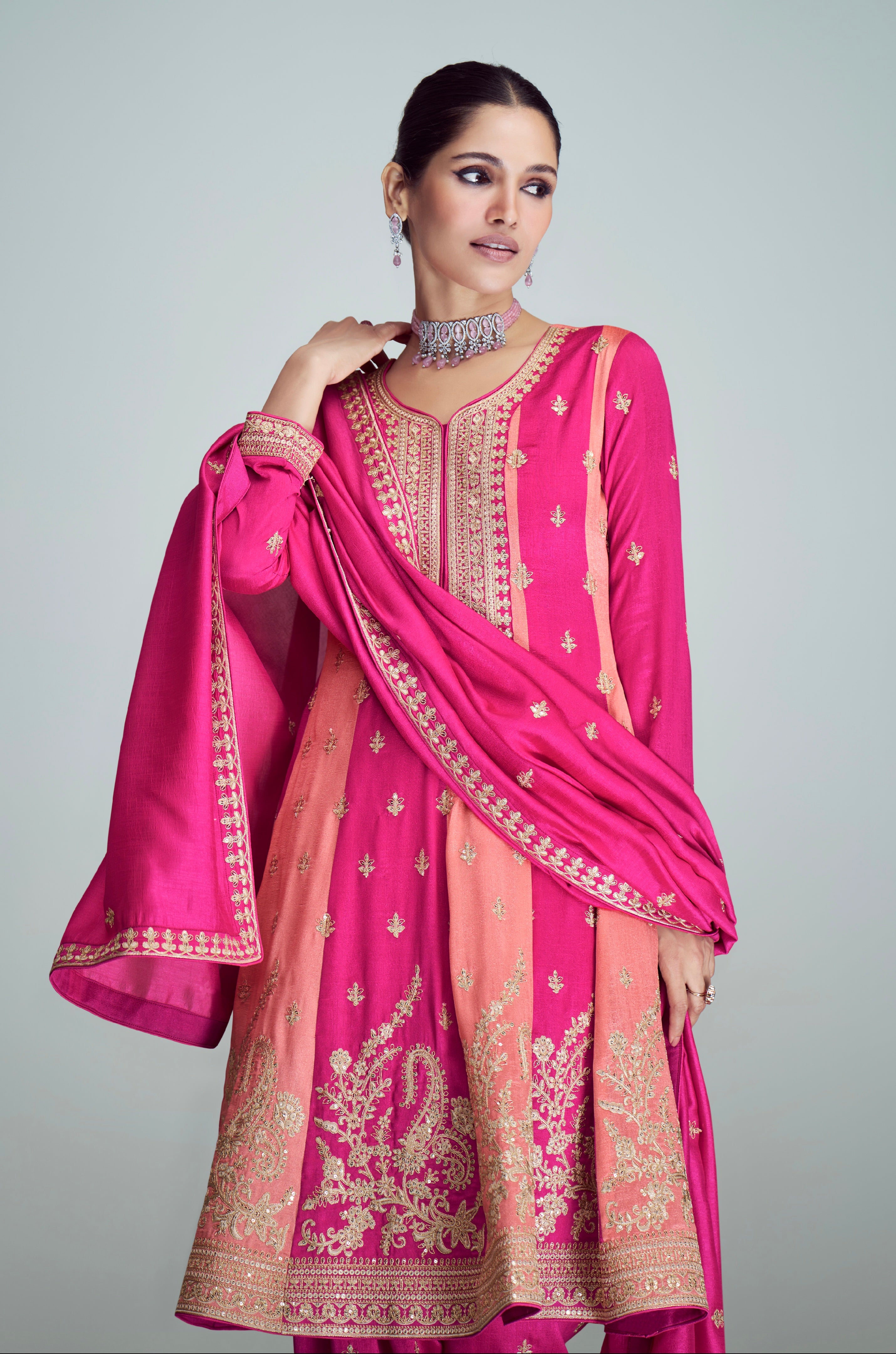 Pink Anarkali Suit with Intricate Gold Embroidery