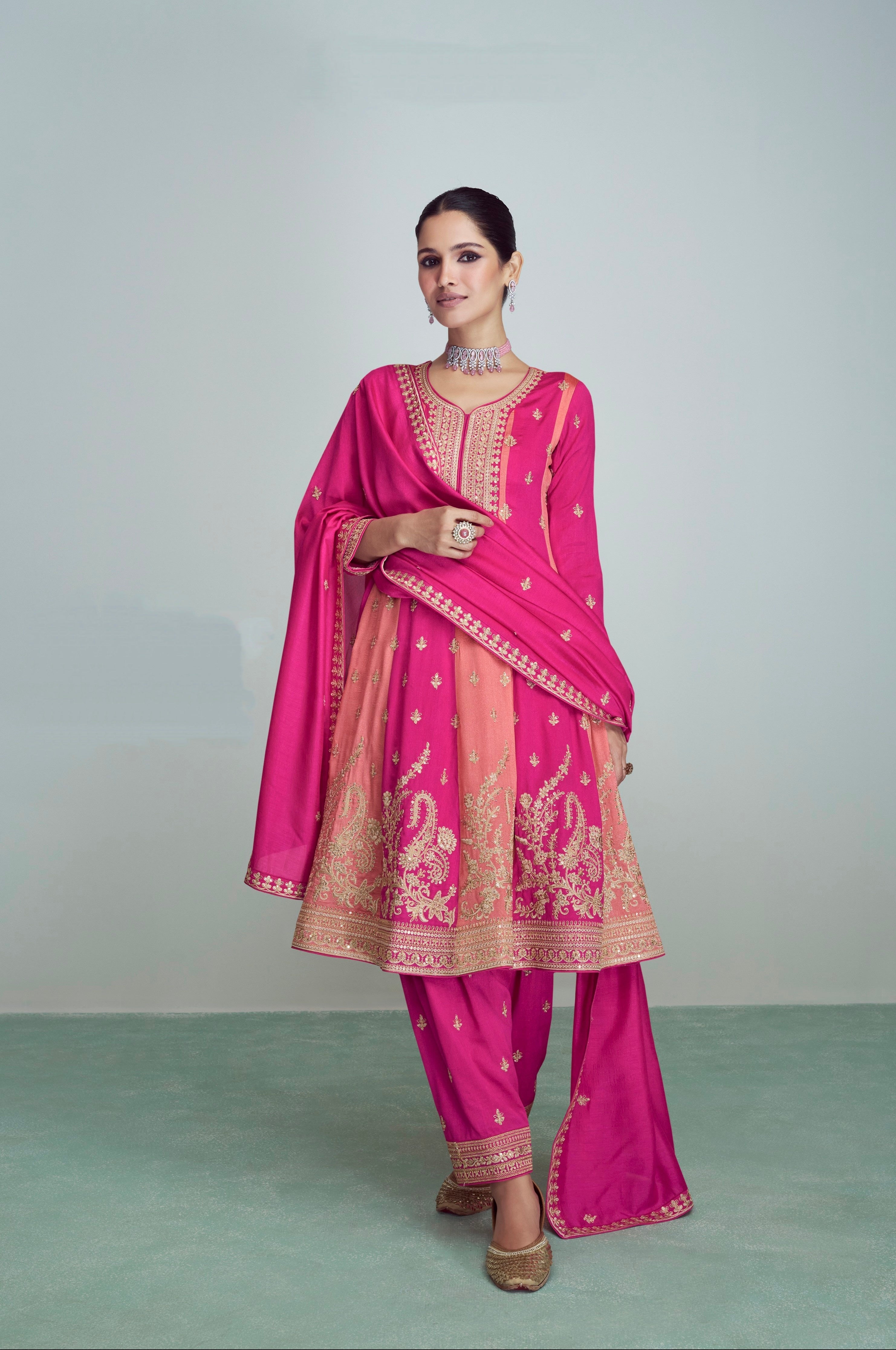 Pink Anarkali Suit with Intricate Gold Embroidery
