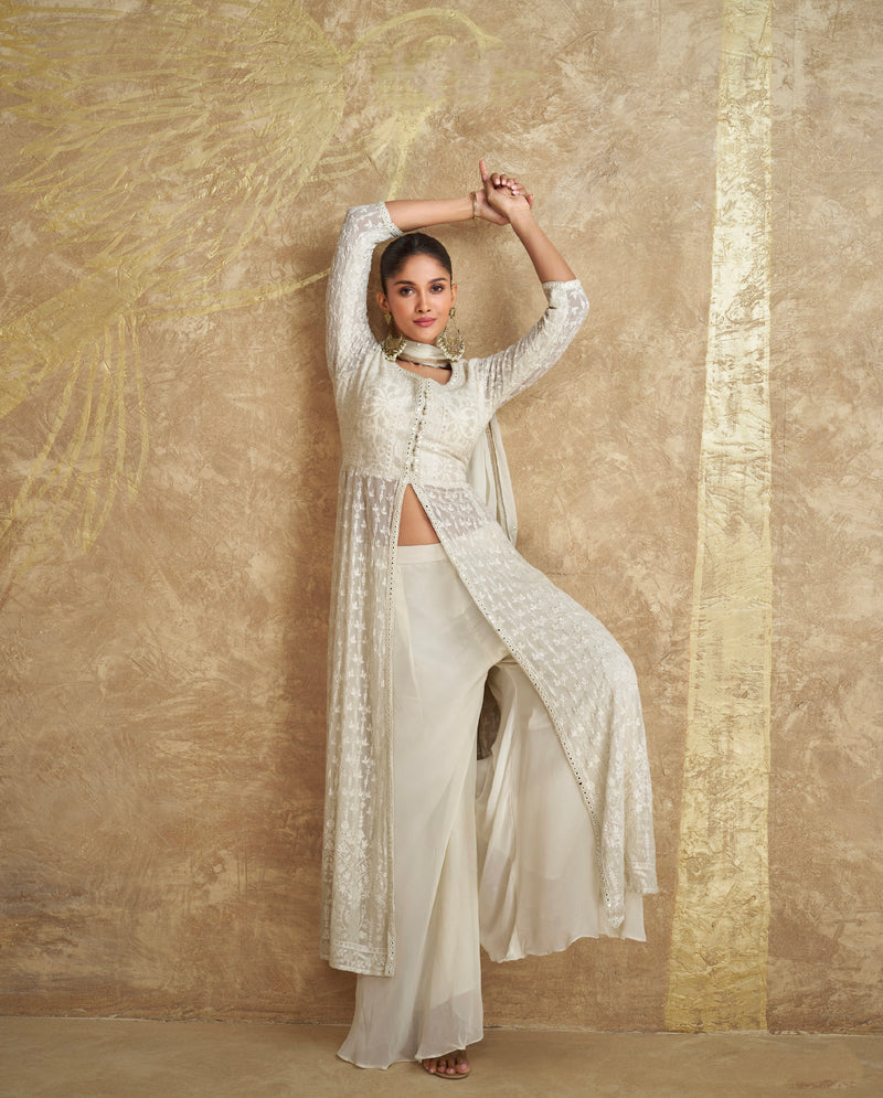 Classic White Georgette Embroidered Palazzo Suit Set