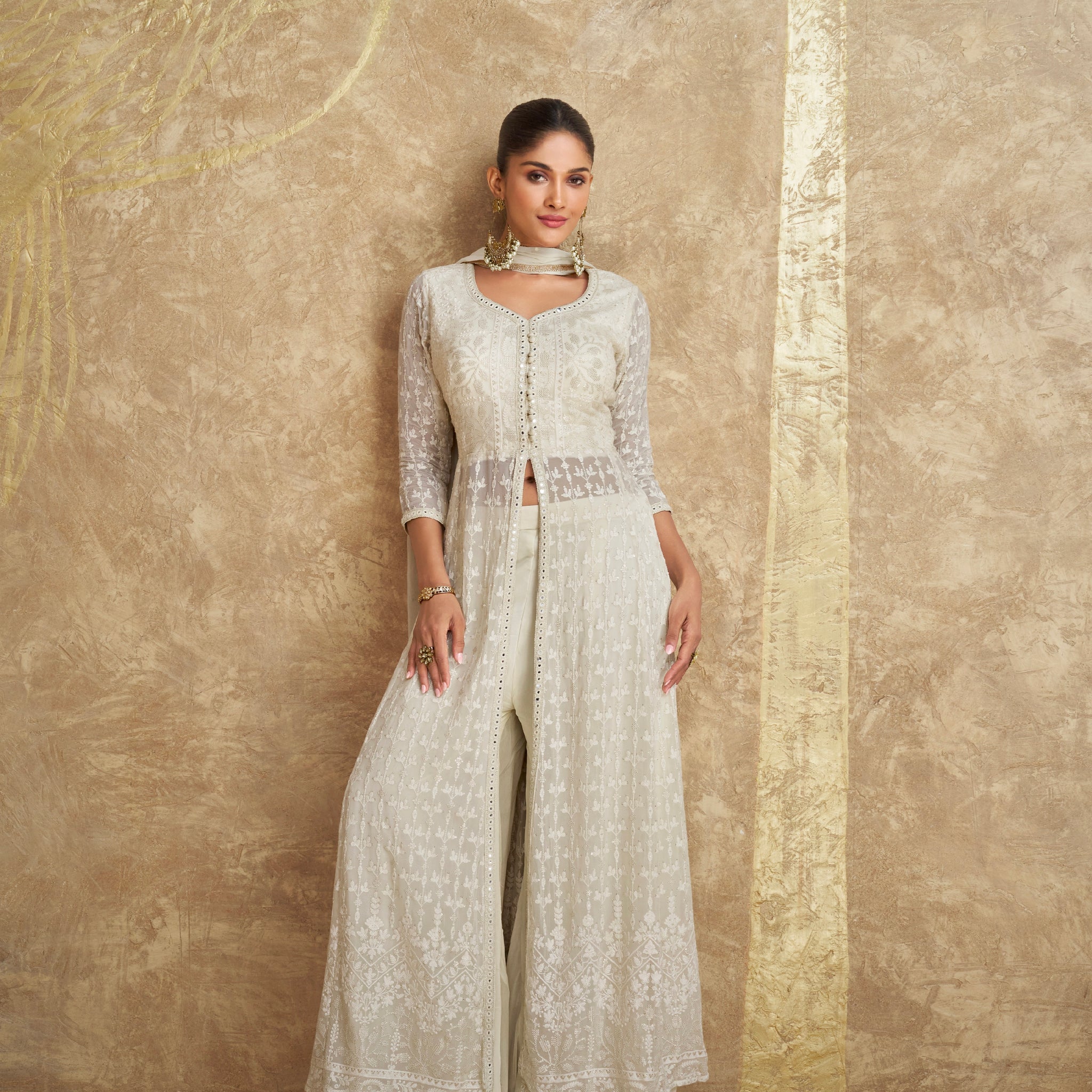 Classic White Georgette Embroidered Palazzo Suit Set