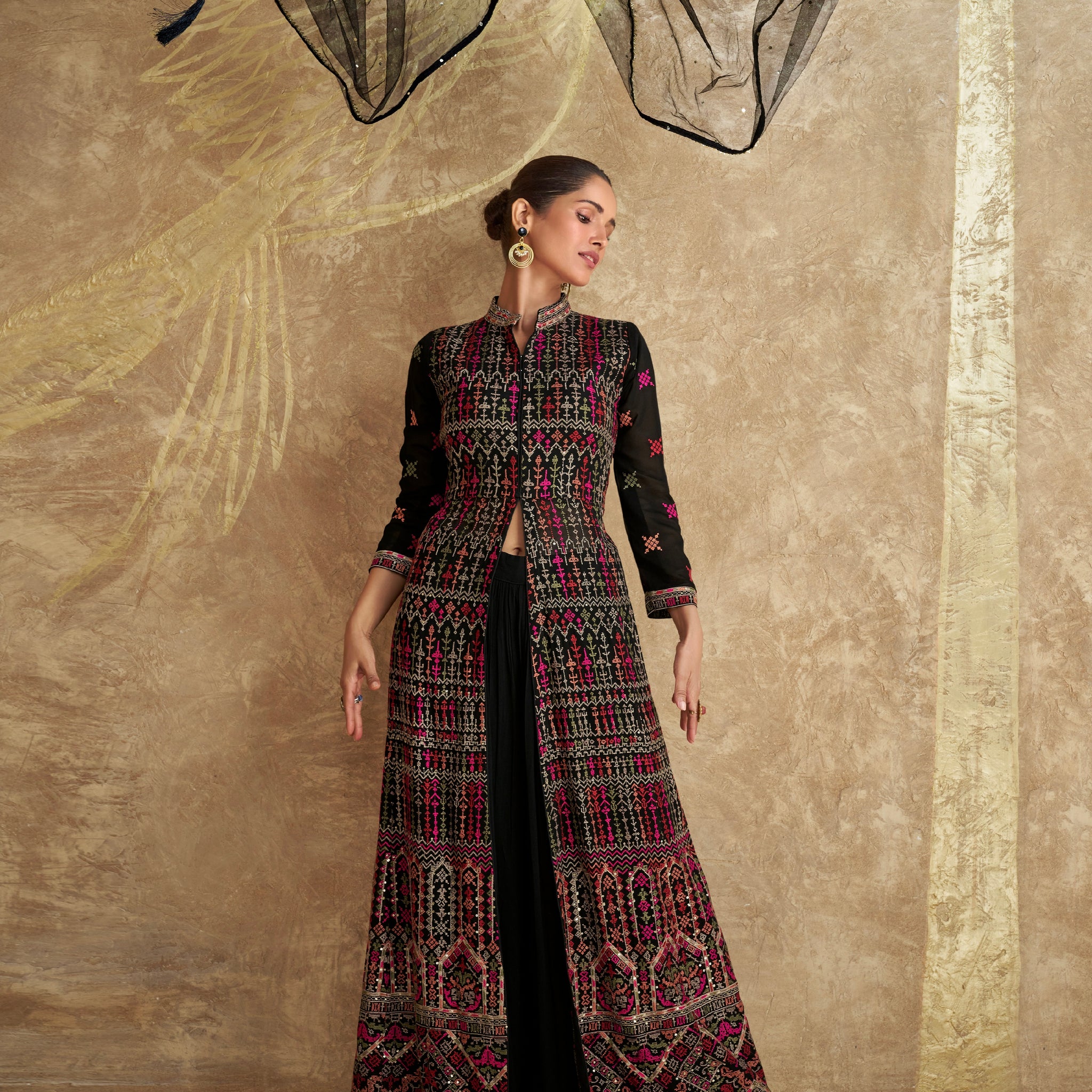 Black Embroidered Jacket Style Suit with Palazzo