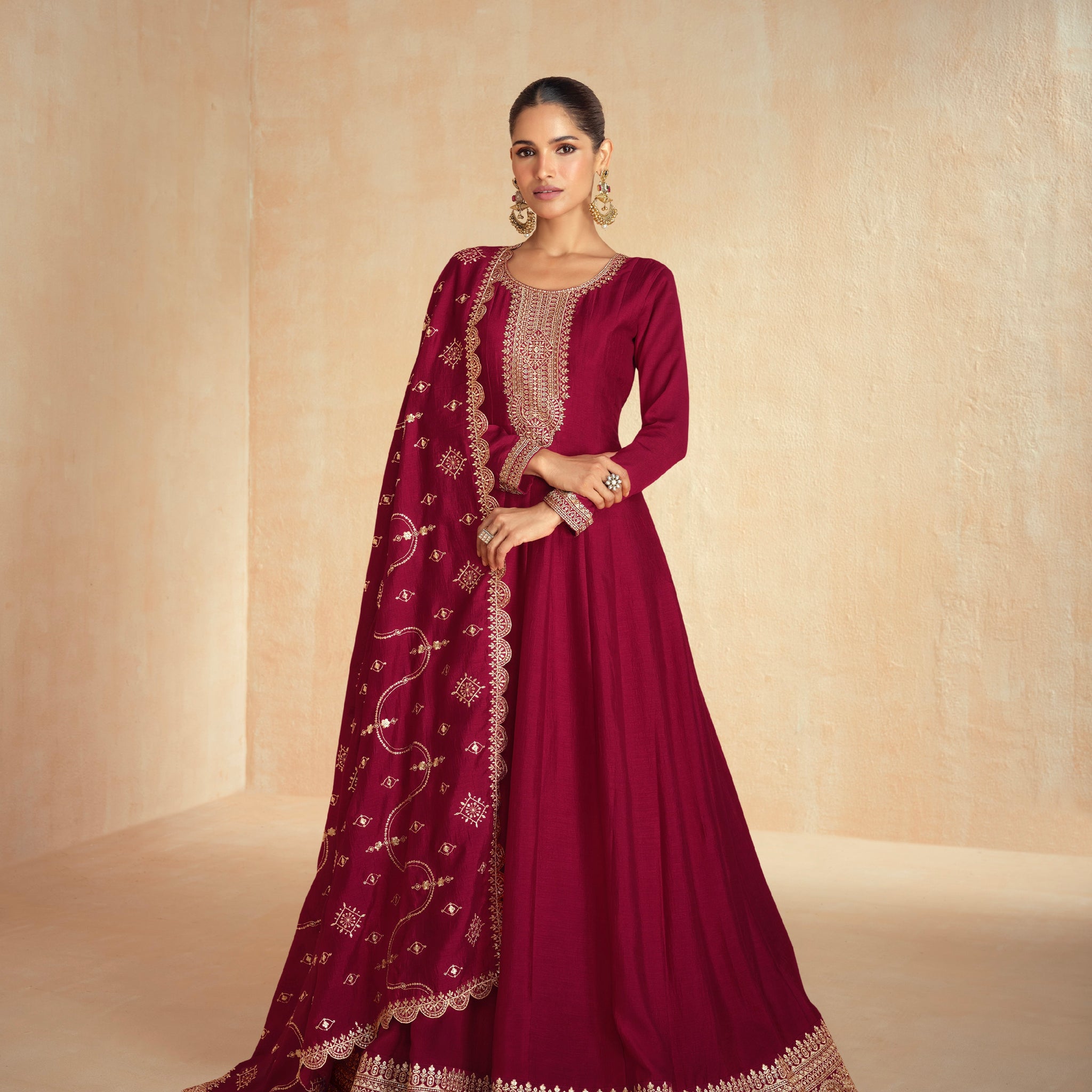 Maroon Premium Silk Anarkali Suit with Embroidered Dupatta