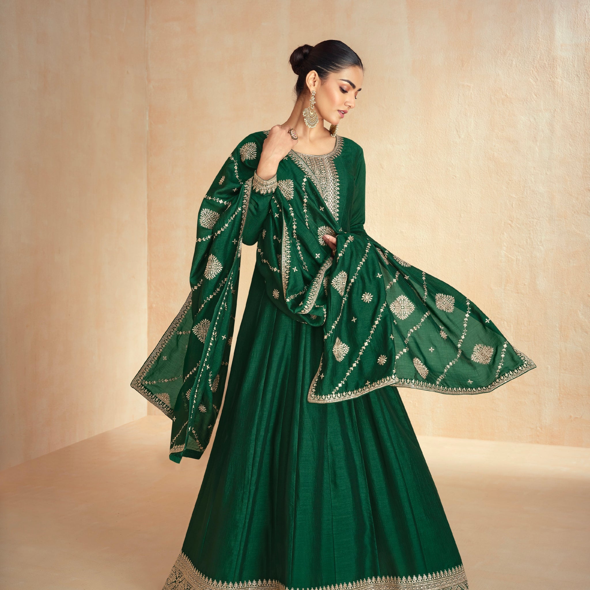 Forest Green Designer Anarkali Suit with Embroidered Silk Dupatta