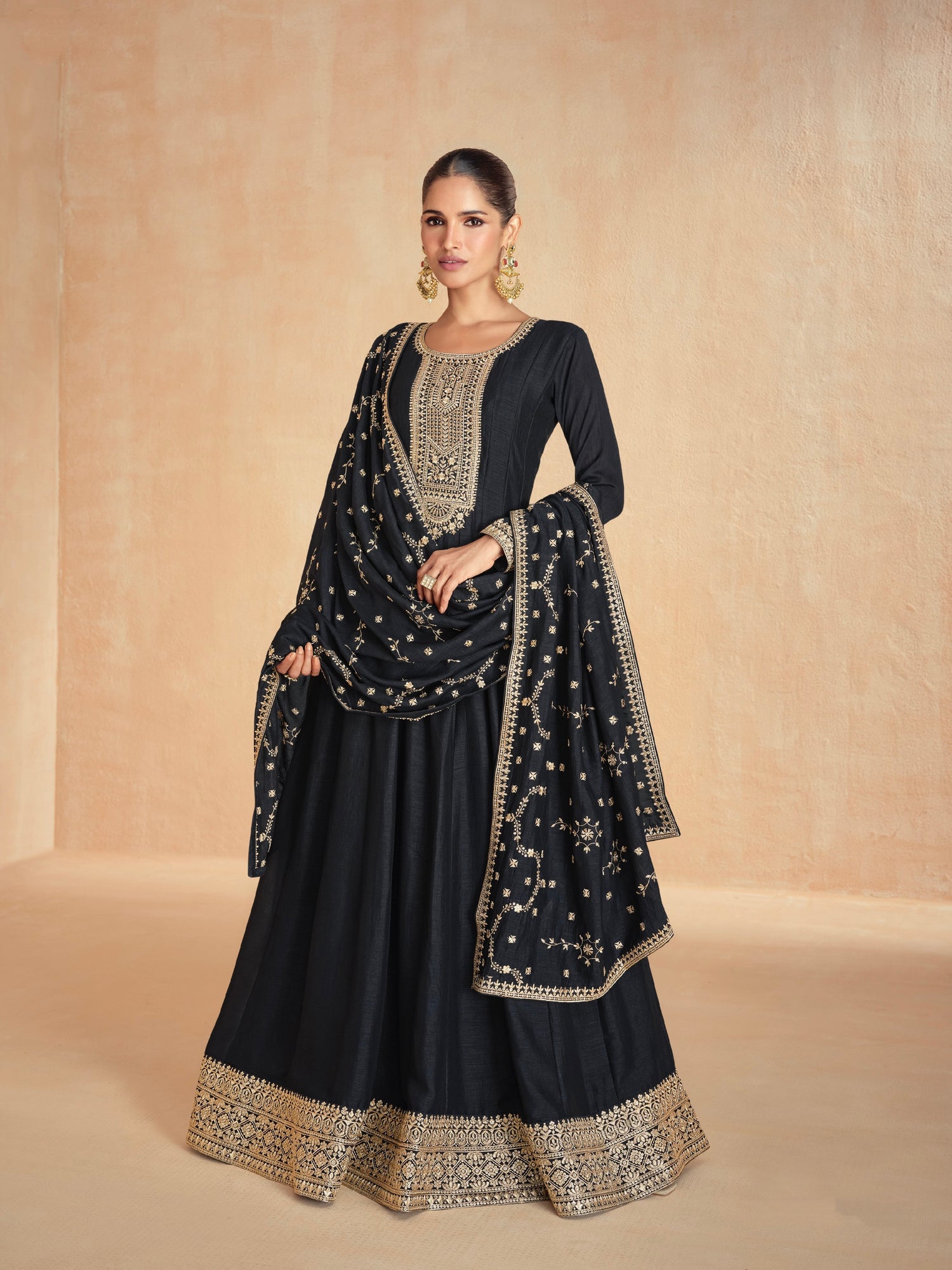 Black Silk Anarkali Suit with Golden Embroidery &amp; Dupatta