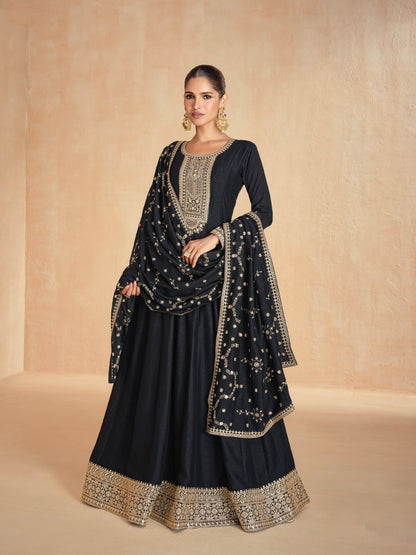 Black Silk Anarkali Suit with Golden Embroidery &amp; Dupatta