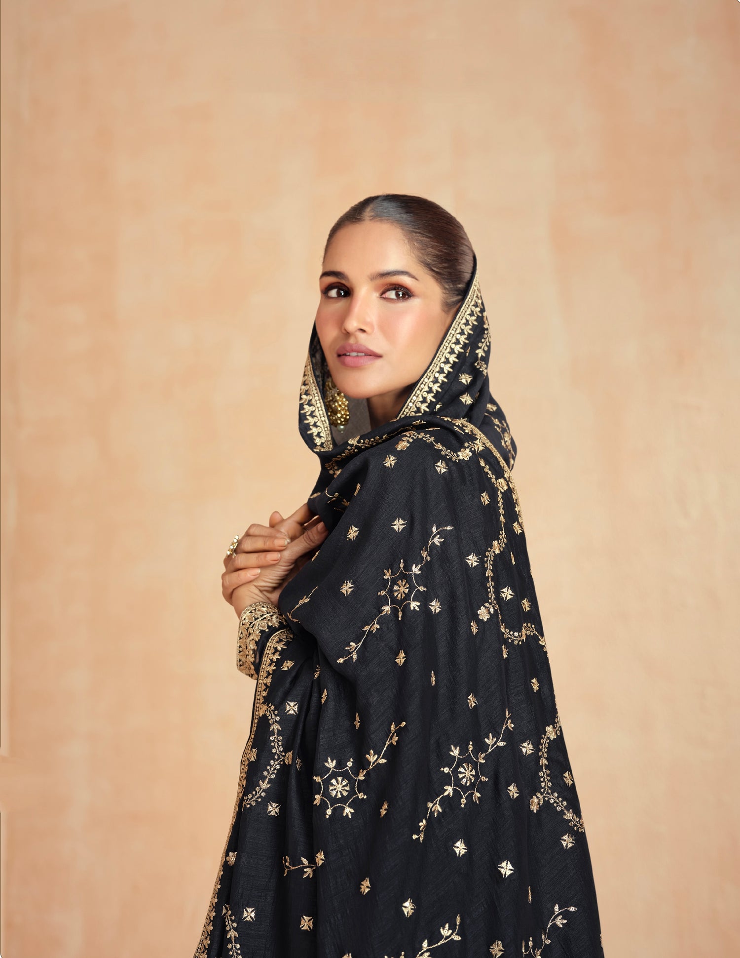 Black Silk Anarkali Suit with Golden Embroidery & Dupatta – Anant Exports