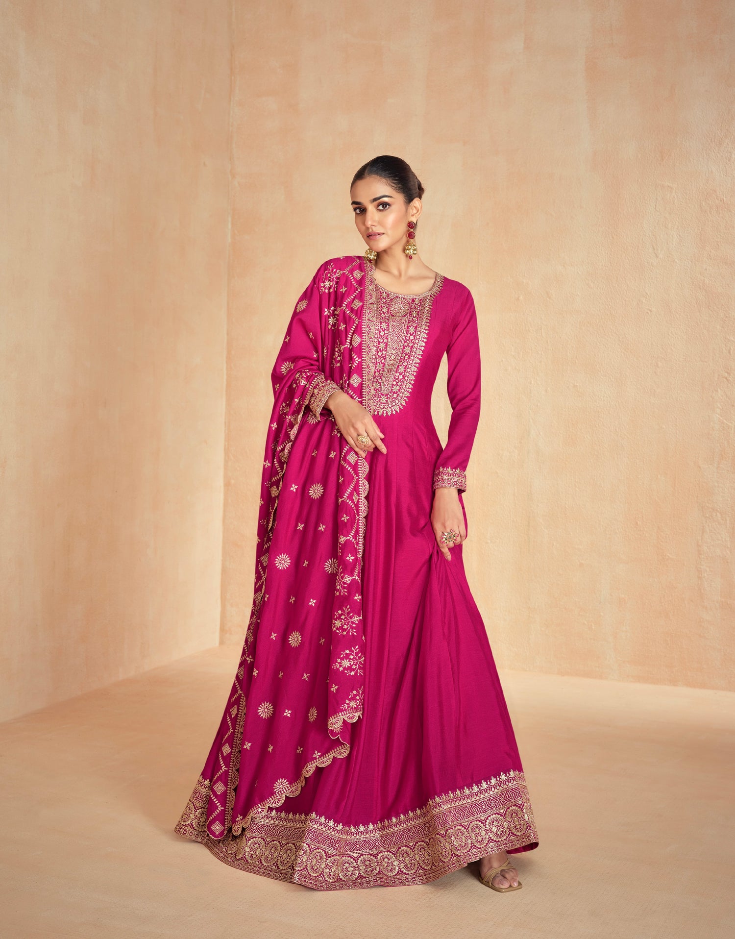 Pink Anarkali Suit in Premium Silk with Golden Embroidered Dupatta