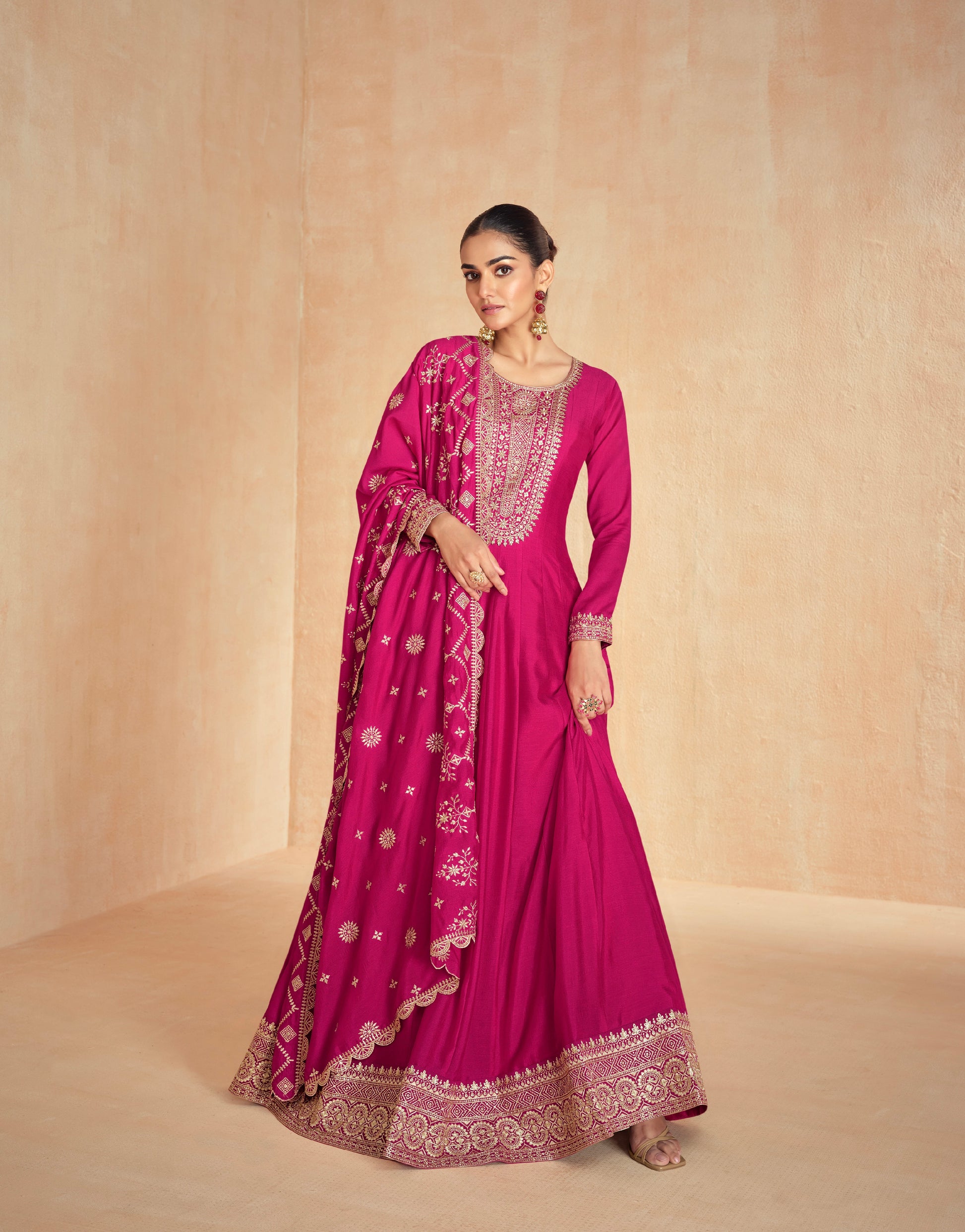 Pink Anarkali Suit in Premium Silk with Golden Embroidered Dupatta