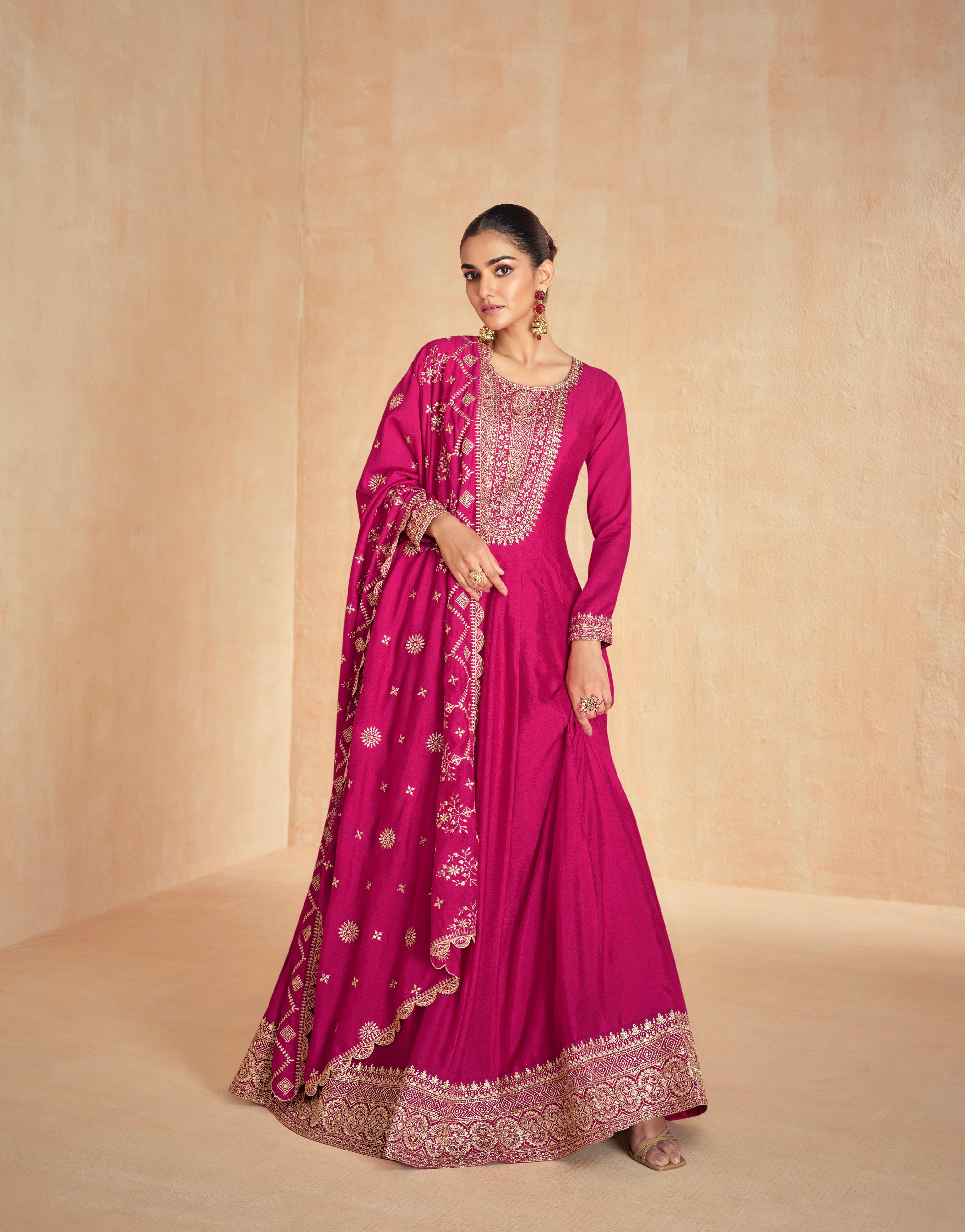 Pink Anarkali Suit in Premium Silk with Golden Embroidered Dupatta