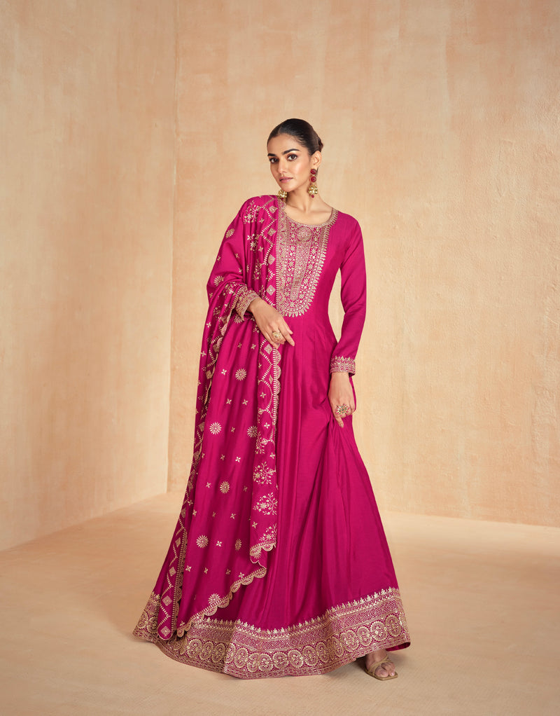 Pink Anarkali Suit in Premium Silk with Golden Embroidered Dupatta