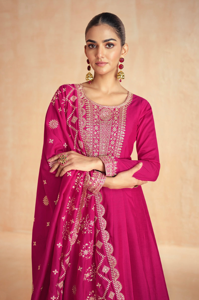 Pink Anarkali Suit in Premium Silk with Golden Embroidered Dupatta