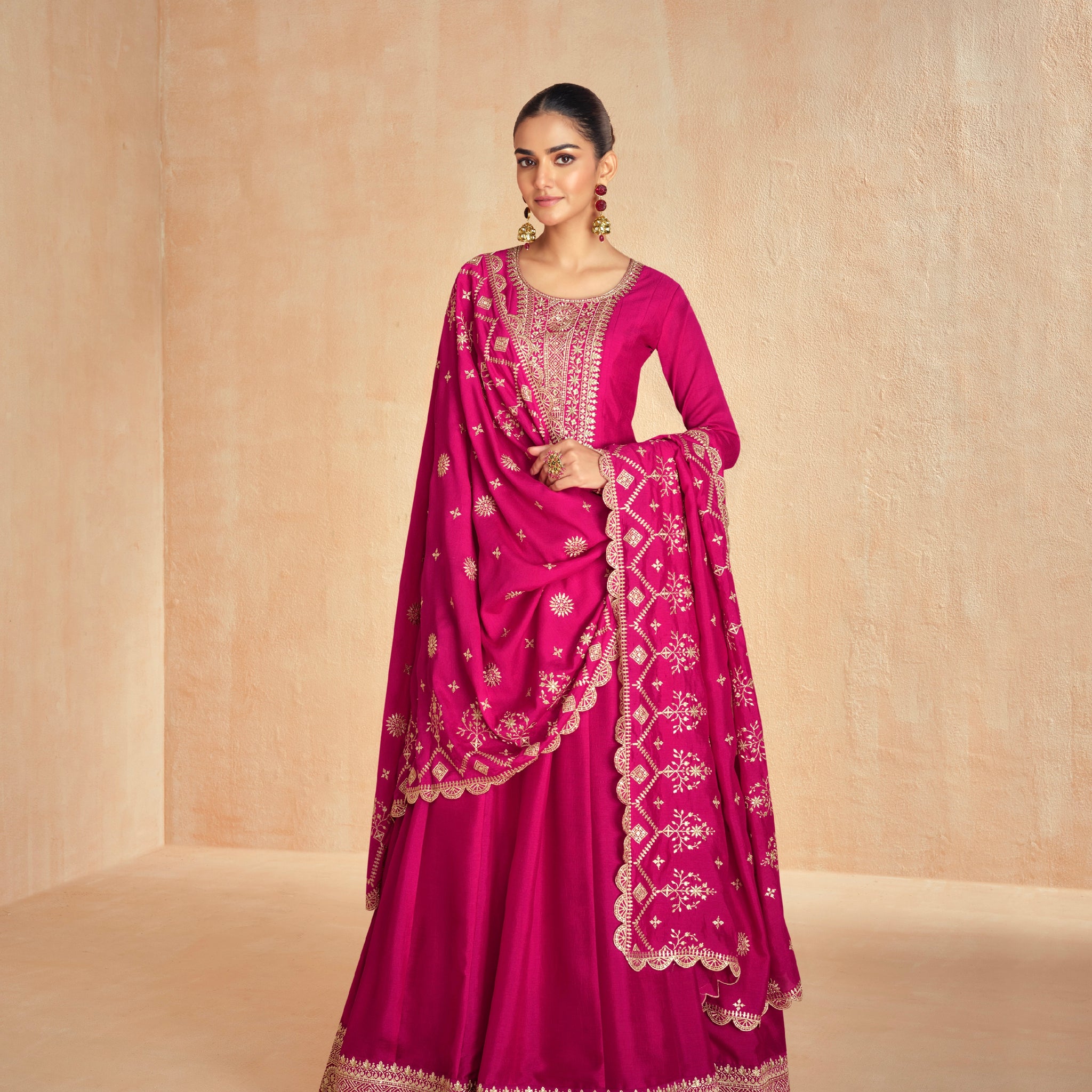 Pink Anarkali Suit in Premium Silk with Golden Embroidered Dupatta