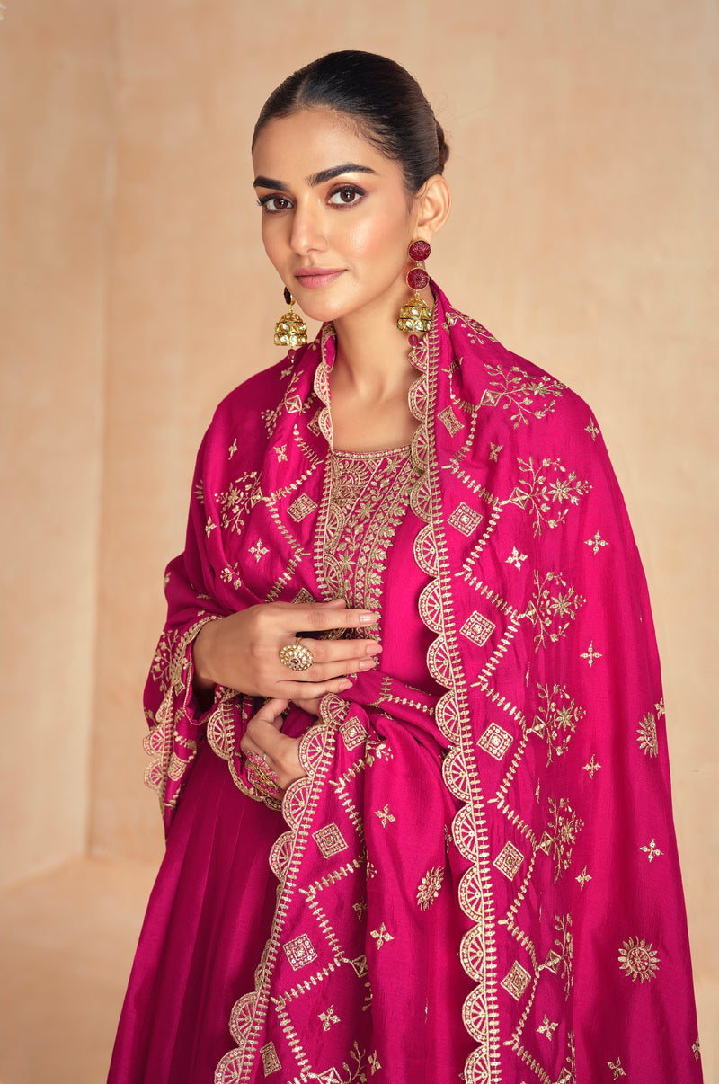 Pink Anarkali Suit in Premium Silk with Golden Embroidered Dupatta
