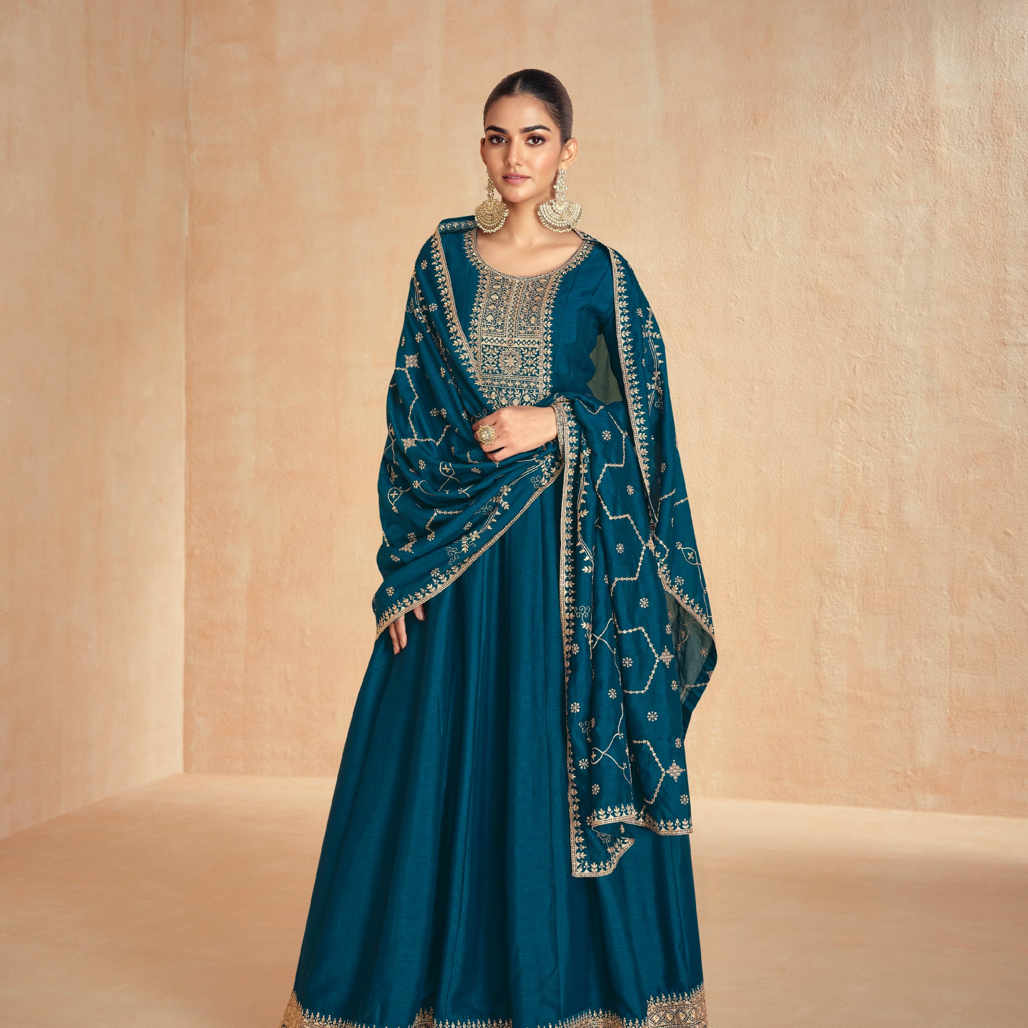 Teal Blue Silk Anarkali Suit with Embroidered Dupatta