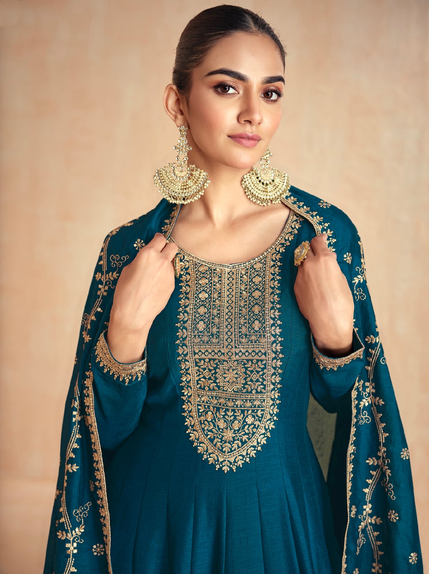 Teal Blue Silk Anarkali Suit with Embroidered Dupatta