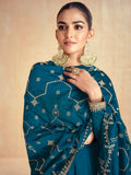 Teal Blue Silk Anarkali Suit with Embroidered Dupatta