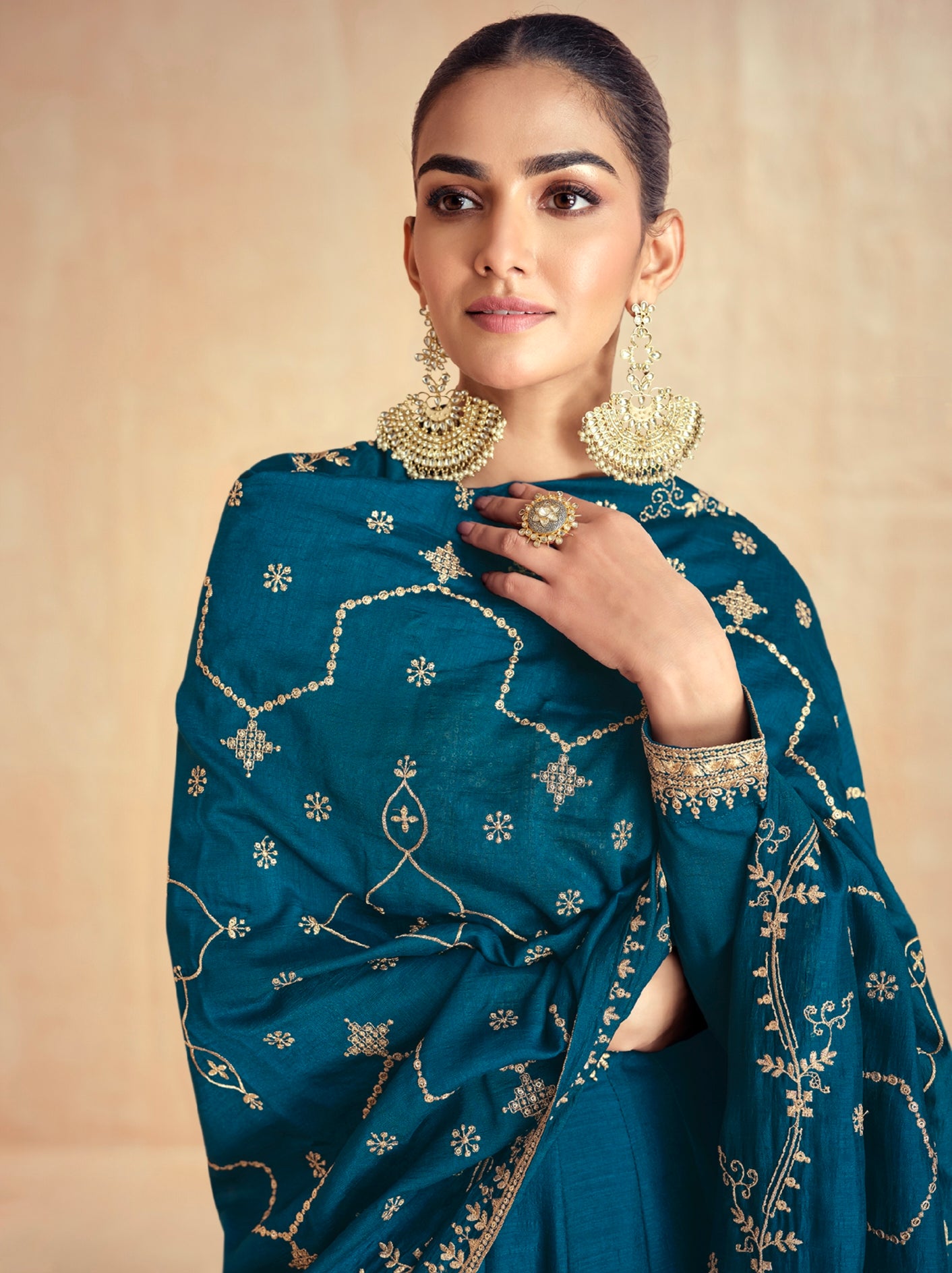 Teal Blue Silk Anarkali Suit with Embroidered Dupatta