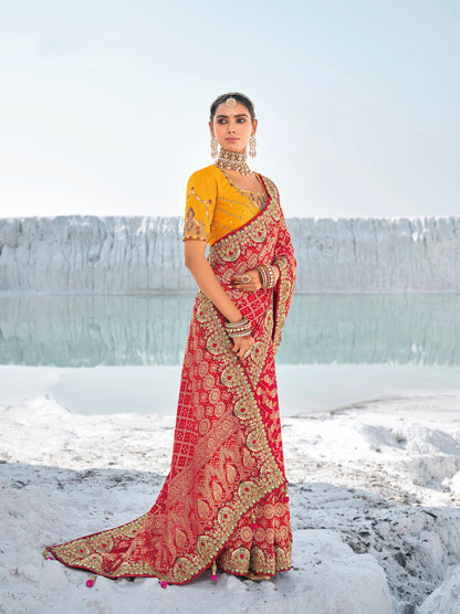 Red Pure Georgette Bandhani Patola Saree &amp; Zari Weaving &amp; Dual Blouses