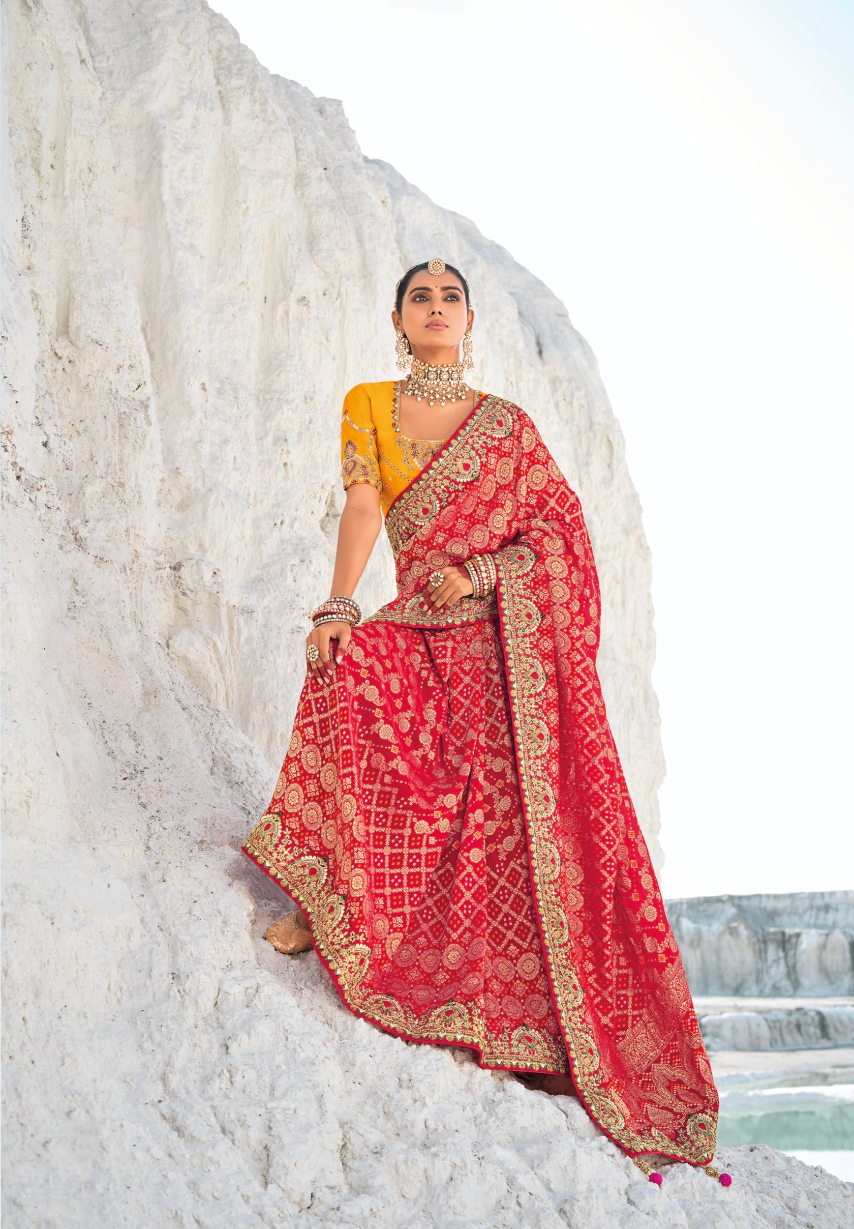 Red Pure Georgette Bandhani Patola Saree &amp; Zari Weaving &amp; Dual Blouses