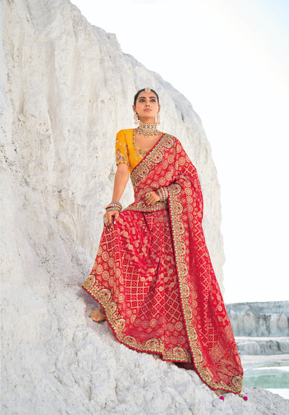 Red Pure Georgette Bandhani Patola Saree &amp; Zari Weaving &amp; Dual Blouses