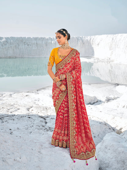 Red Pure Georgette Bandhani Patola Saree &amp; Zari Weaving &amp; Dual Blouses