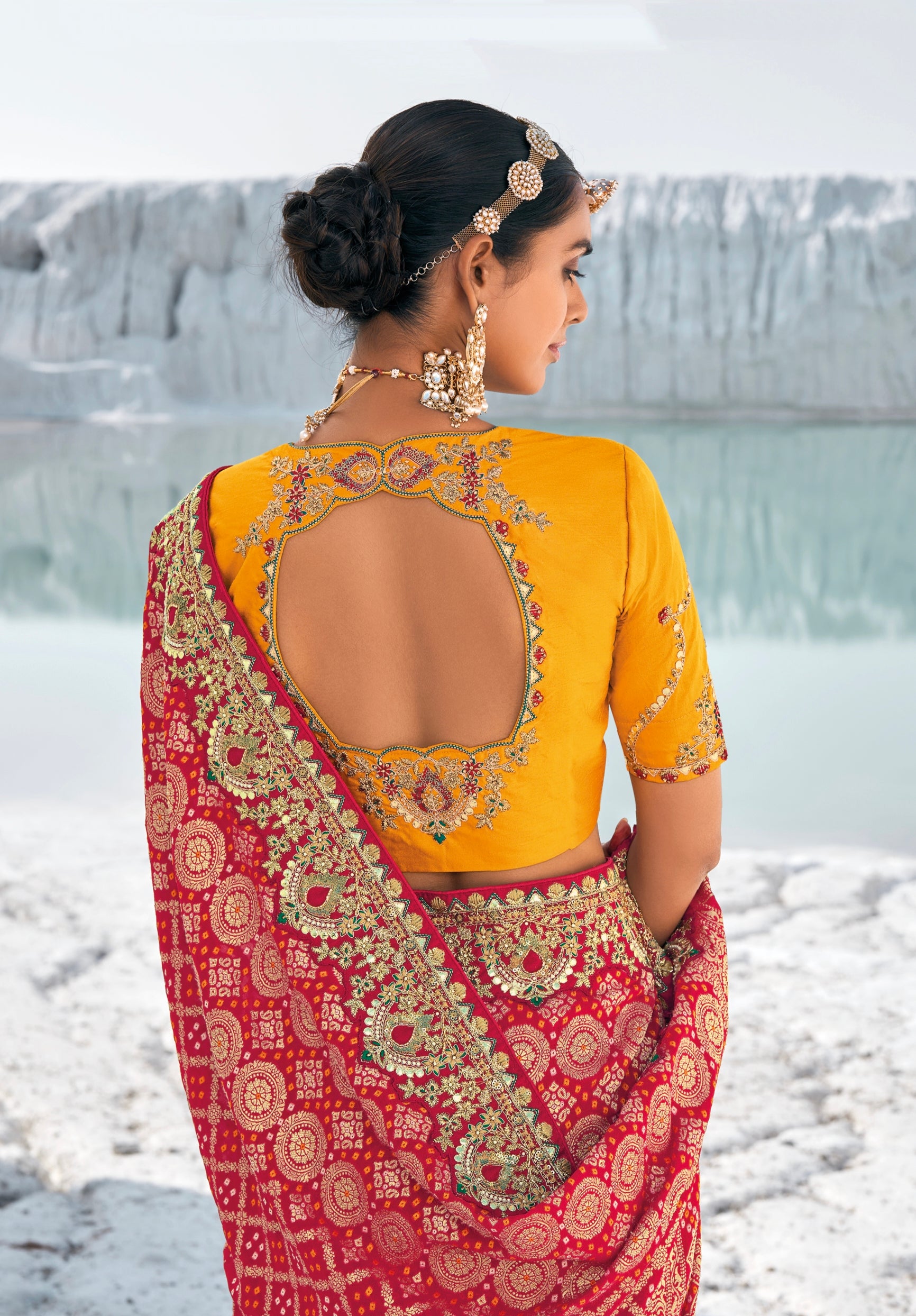 Red Pure Georgette Bandhani Patola Saree &amp; Zari Weaving &amp; Dual Blouses