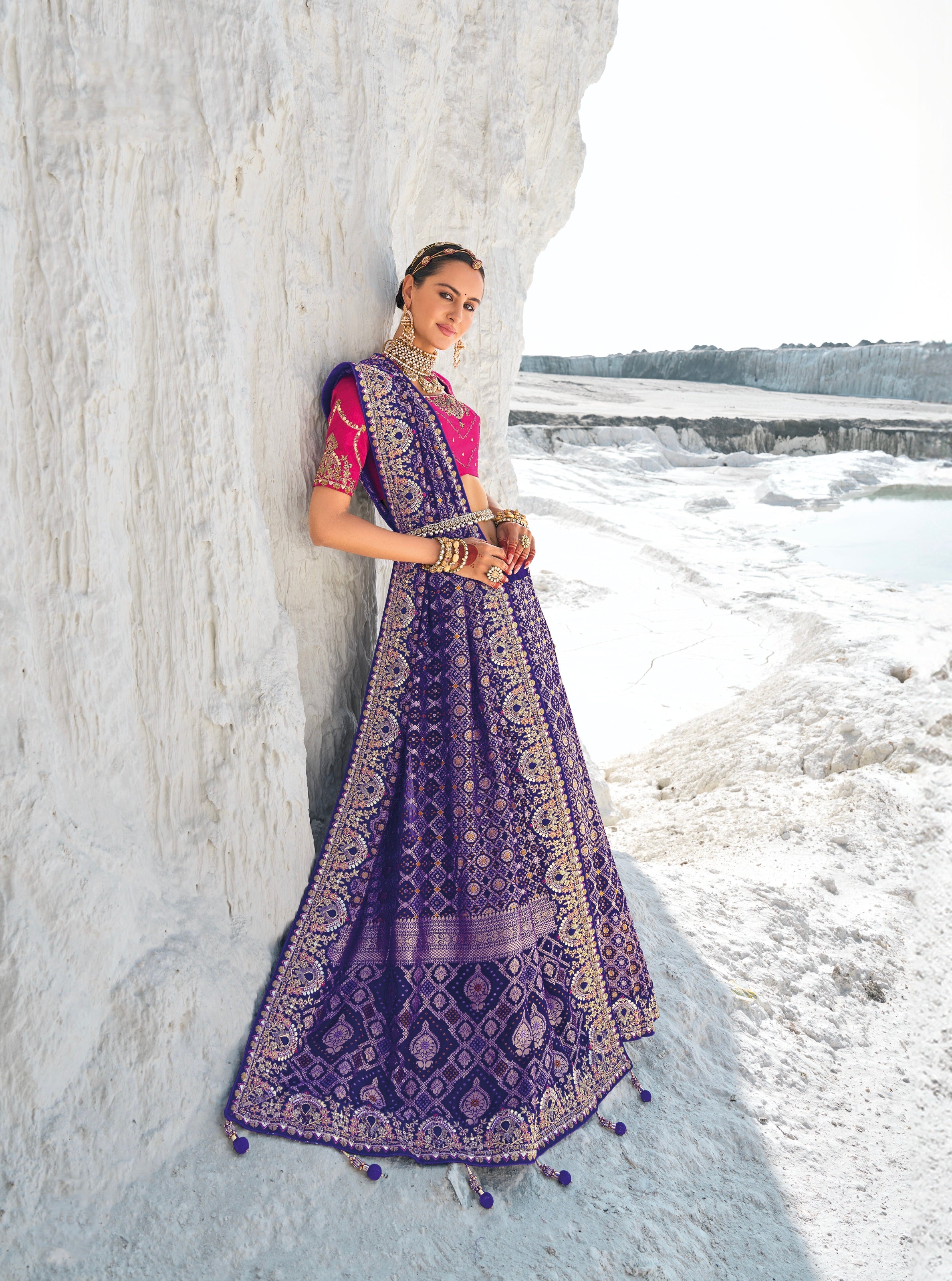 Purple Bandhani Patola Saree with Zari Weaving &amp; Heavy Work Blouse