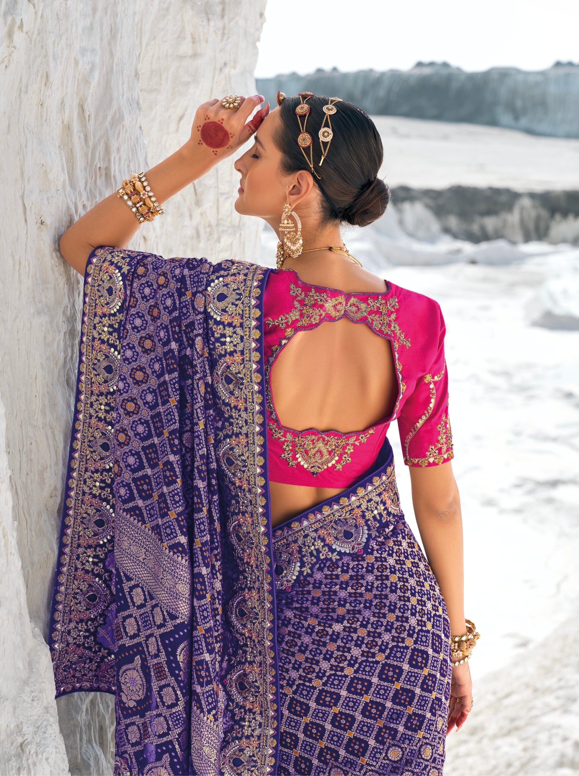 Purple Bandhani Patola Saree with Zari Weaving &amp; Heavy Work Blouse