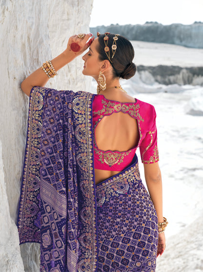 Purple Bandhani Patola Saree with Zari Weaving &amp; Heavy Work Blouse