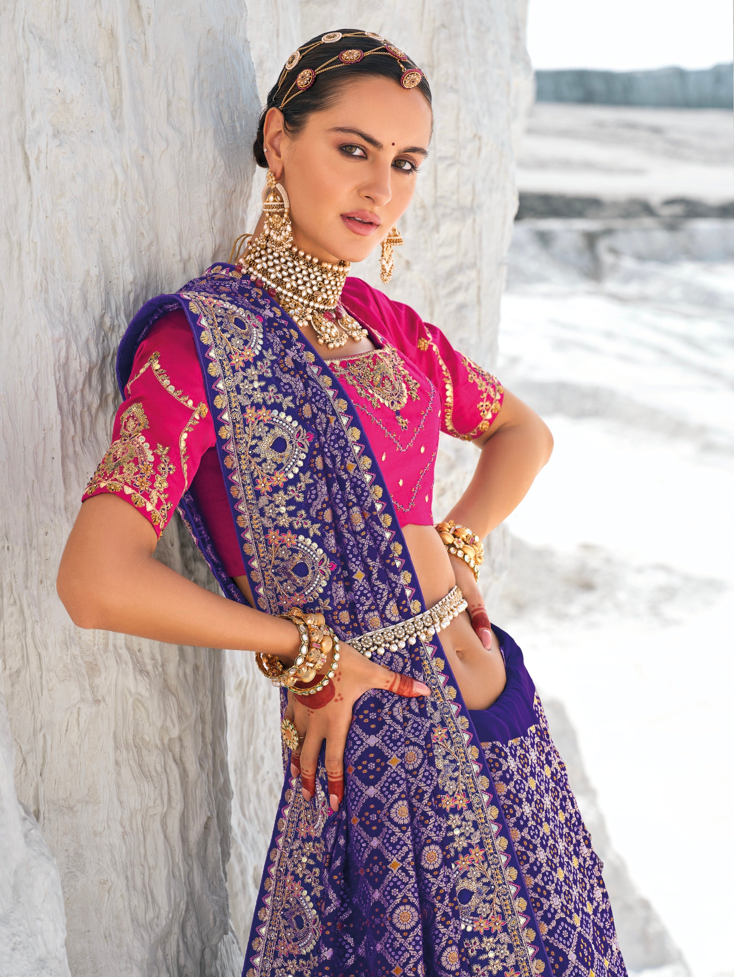 Purple Bandhani Patola Saree with Zari Weaving &amp; Heavy Work Blouse