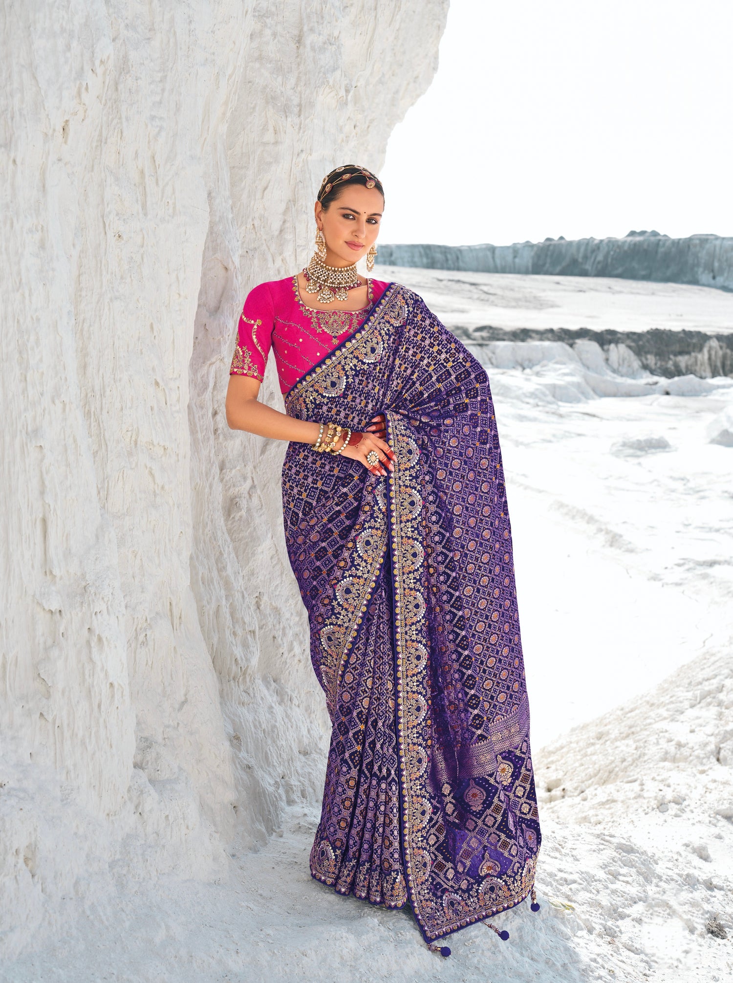Purple Bandhani Patola Saree with Zari Weaving &amp; Heavy Work Blouse