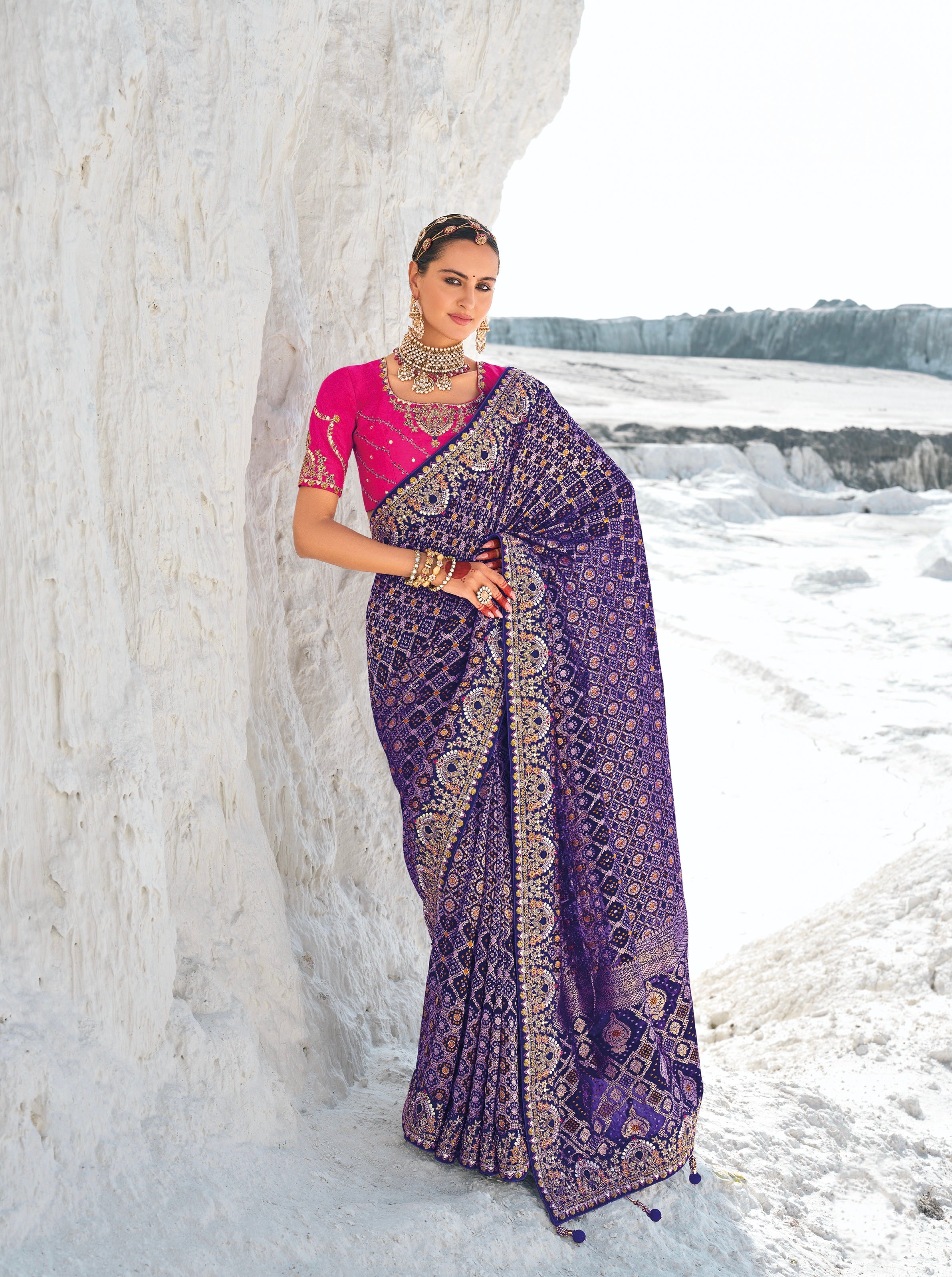 Purple Bandhani Patola Saree with Zari Weaving &amp; Heavy Work Blouse