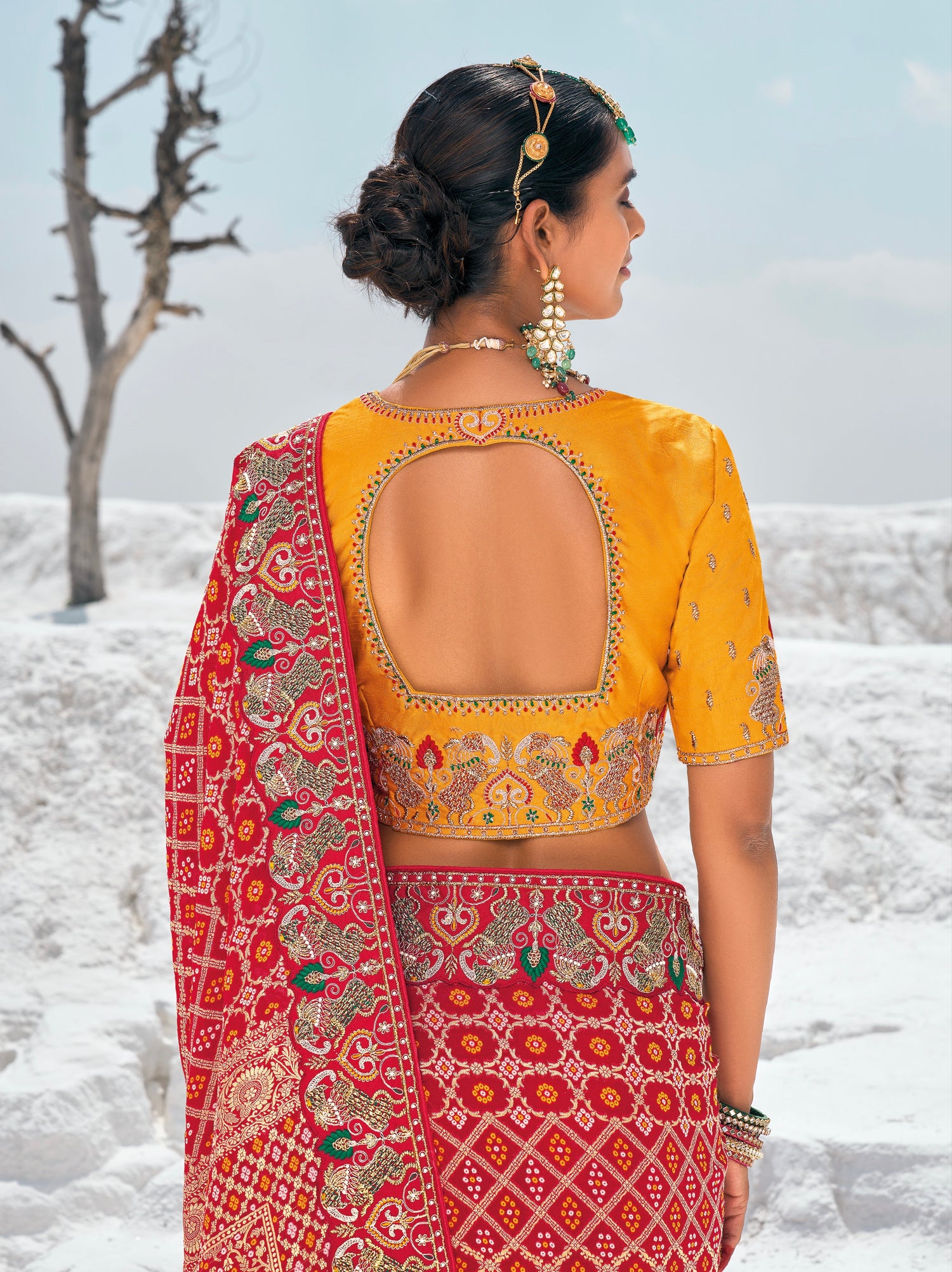 Maroon Pure Georgette Bandhani Saree with Zari Weaving &amp; Dual Blouses