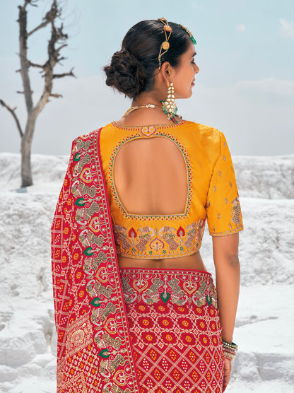 Maroon Pure Georgette Bandhani Saree with Zari Weaving &amp; Dual Blouses