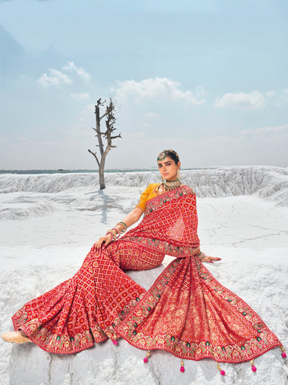 Maroon Pure Georgette Bandhani Saree with Zari Weaving &amp; Dual Blouses