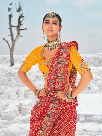 Maroon Pure Georgette Bandhani Saree with Zari Weaving &amp; Dual Blouses