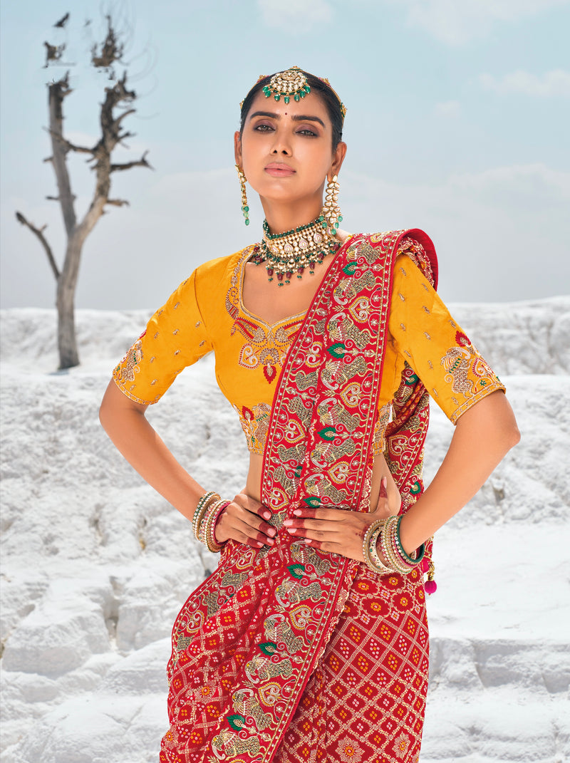 Maroon Pure Georgette Bandhani Saree with Zari Weaving & Dual Blouses