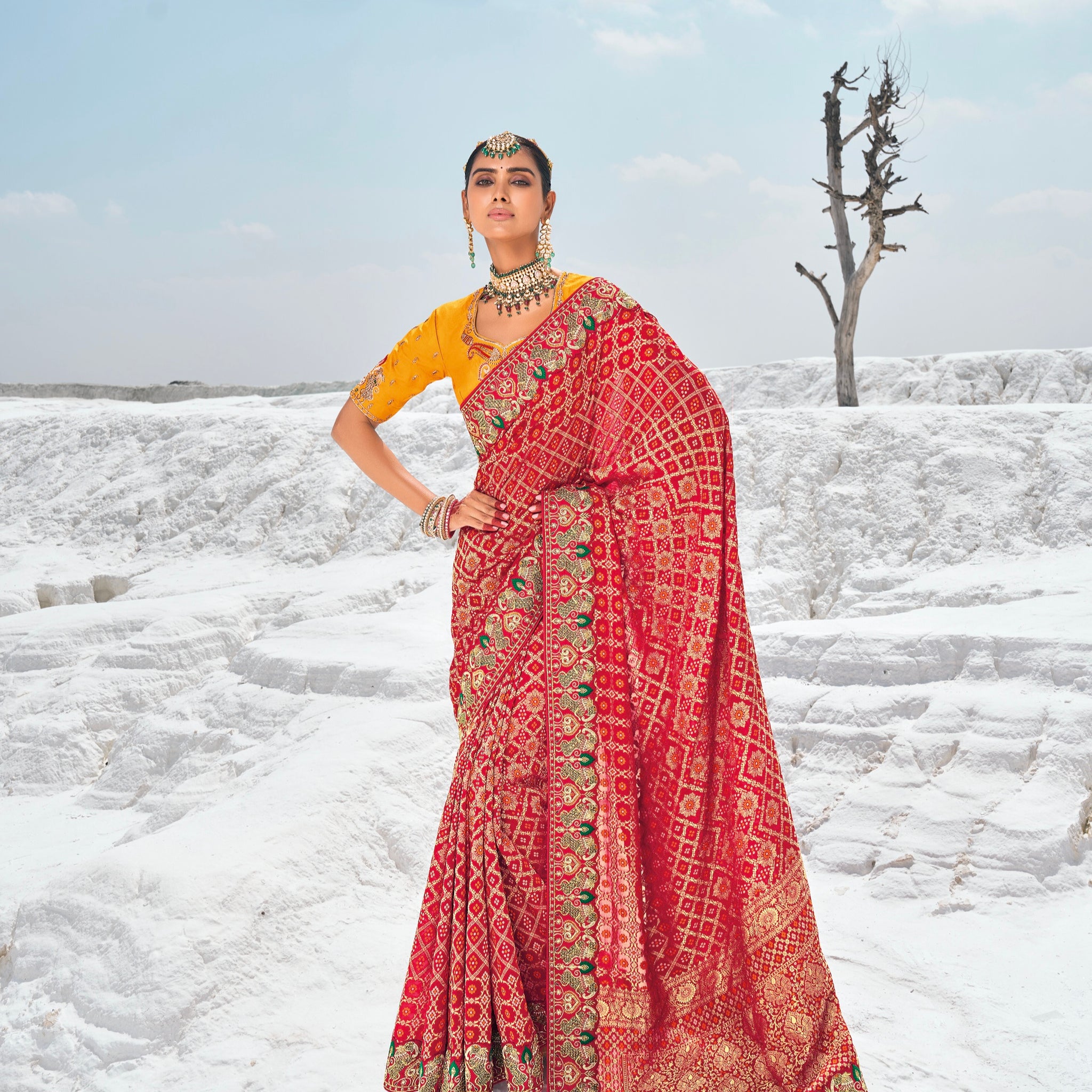 Maroon Pure Georgette Bandhani Saree with Zari Weaving & Dual Blouses