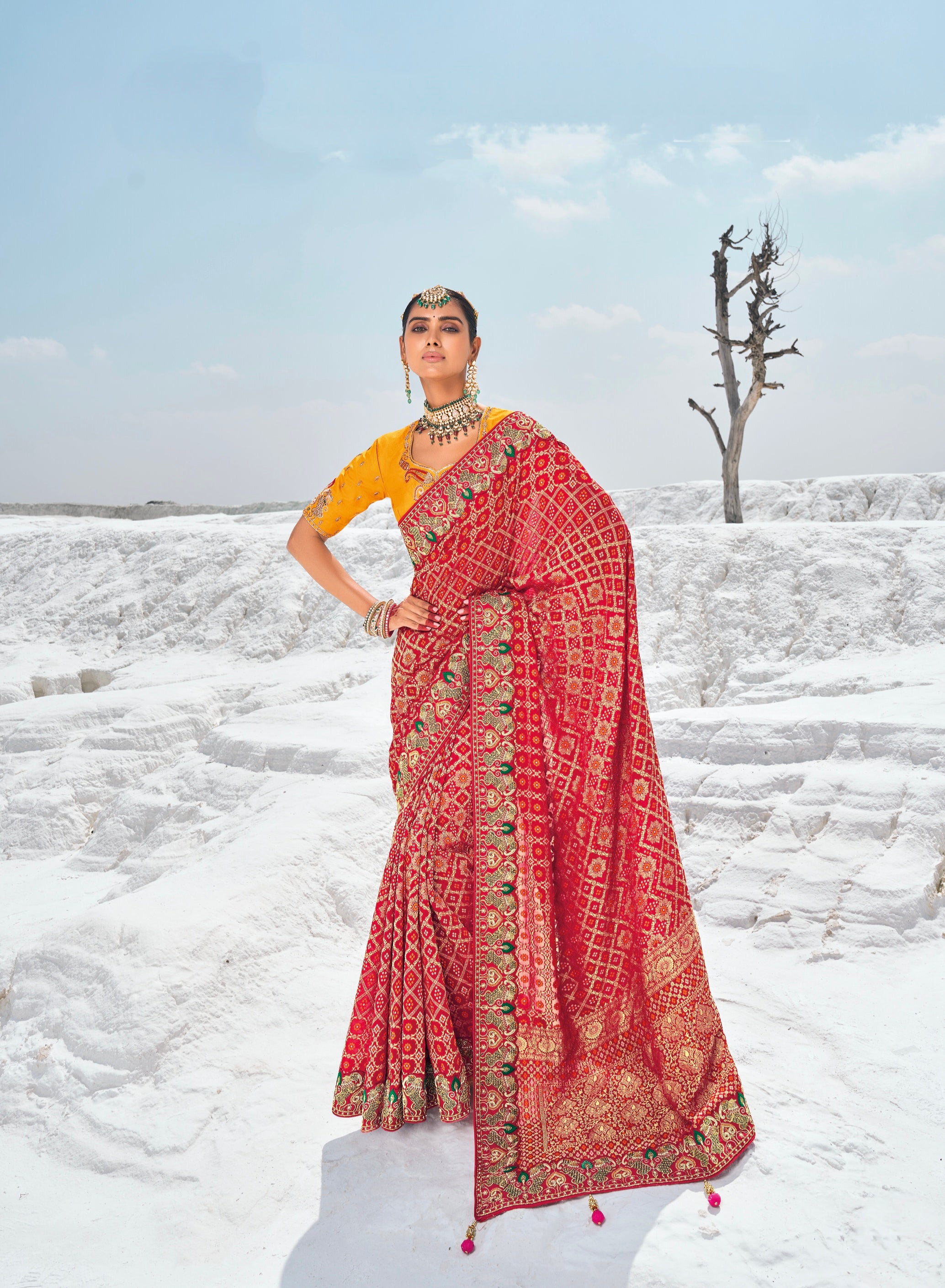 Maroon Pure Georgette Bandhani Saree with Zari Weaving &amp; Dual Blouses