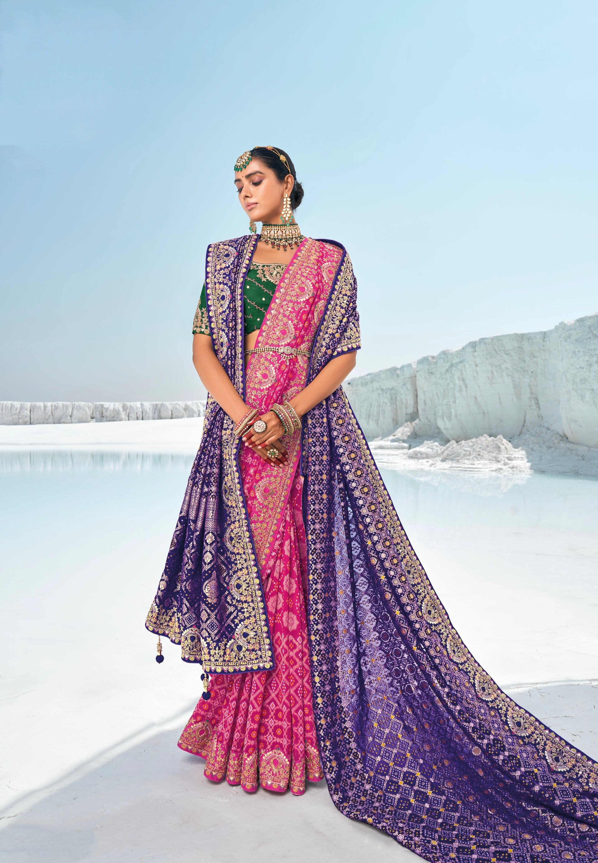 Pink Bandhani Saree with Zari Weaving & Designer Dual Blouses