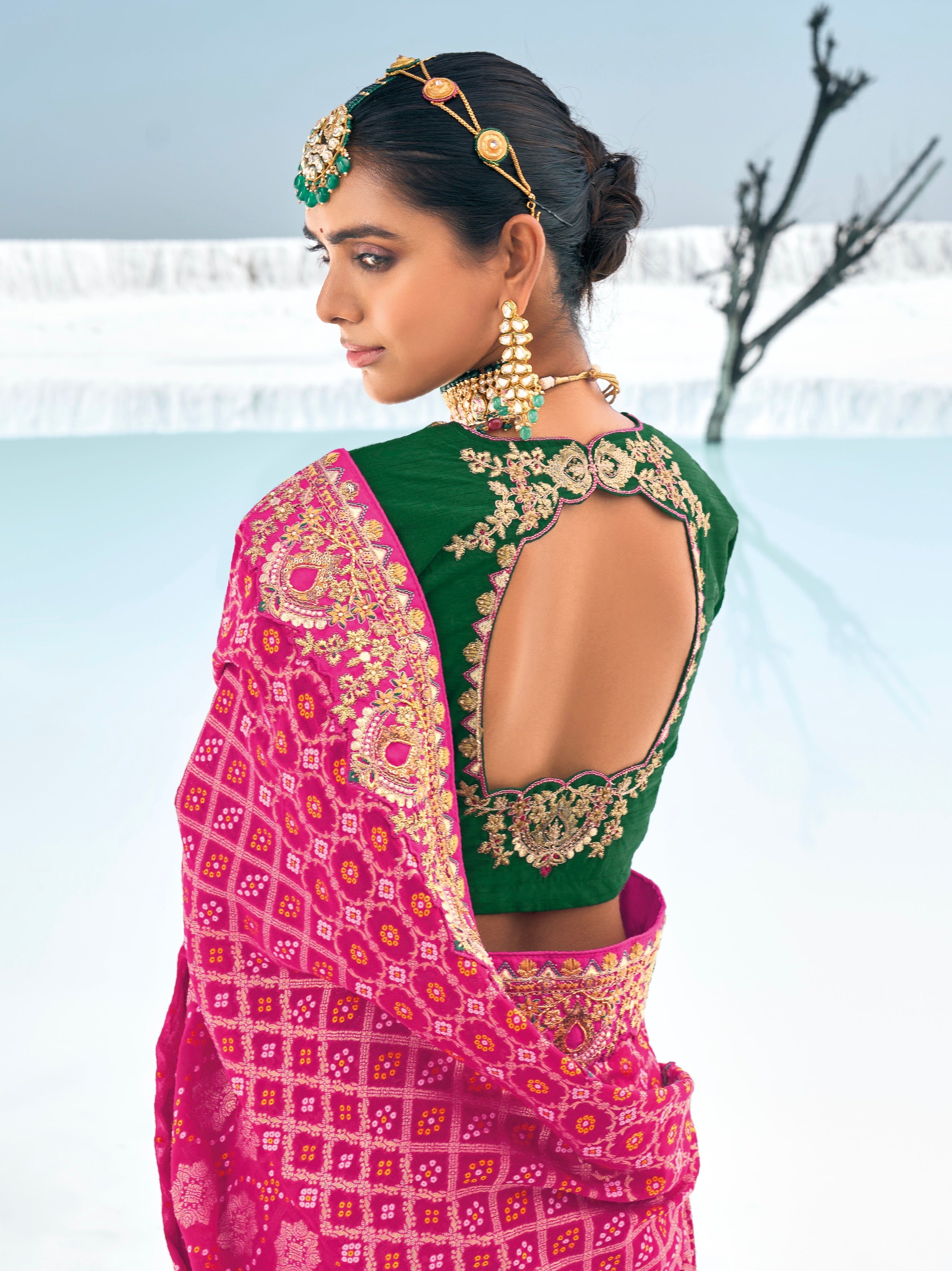 Pink Bandhani Saree with Zari Weaving & Designer Dual Blouses
