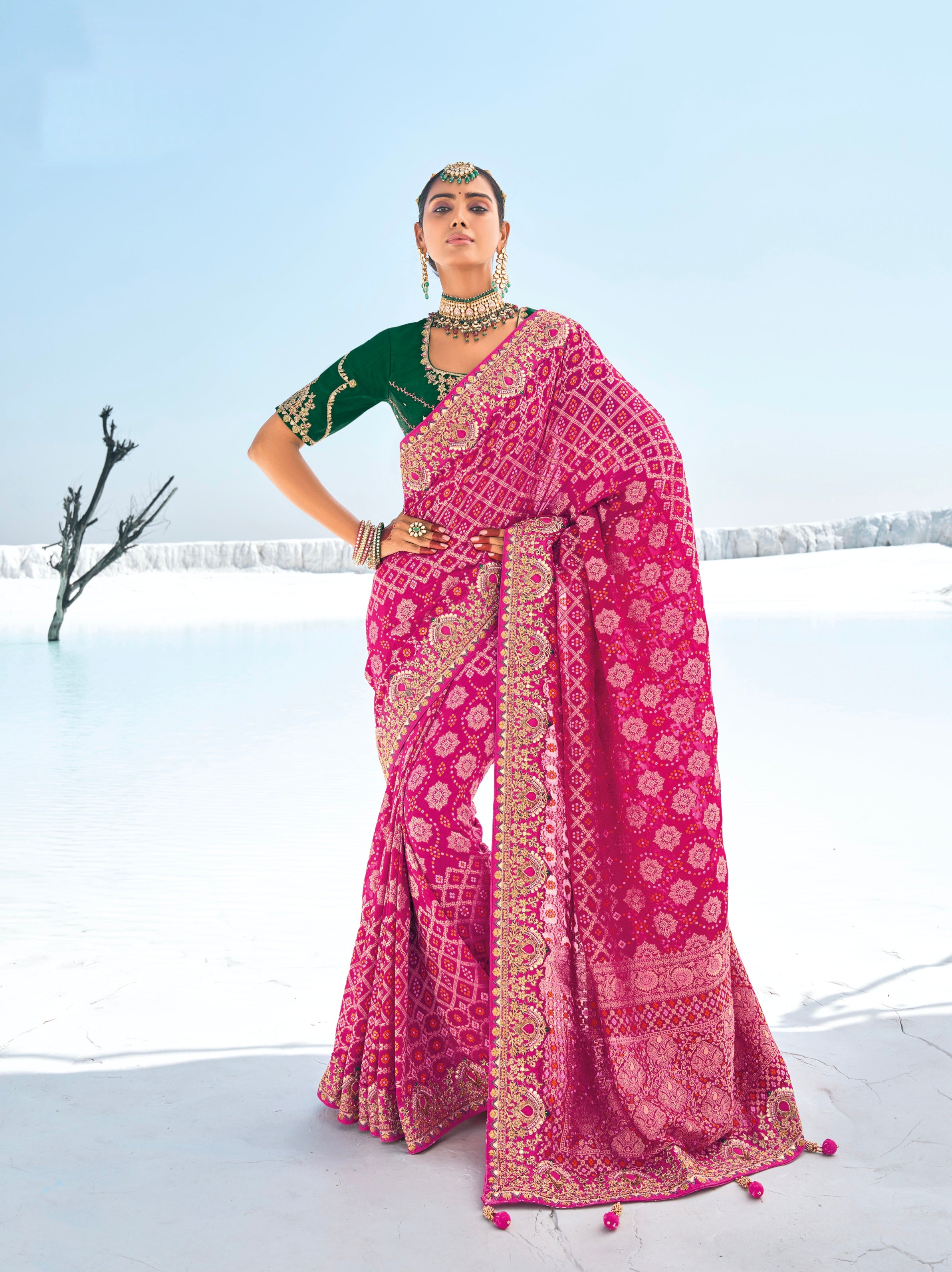 Pink Bandhani Saree with Zari Weaving &amp; Designer Dual Blouses