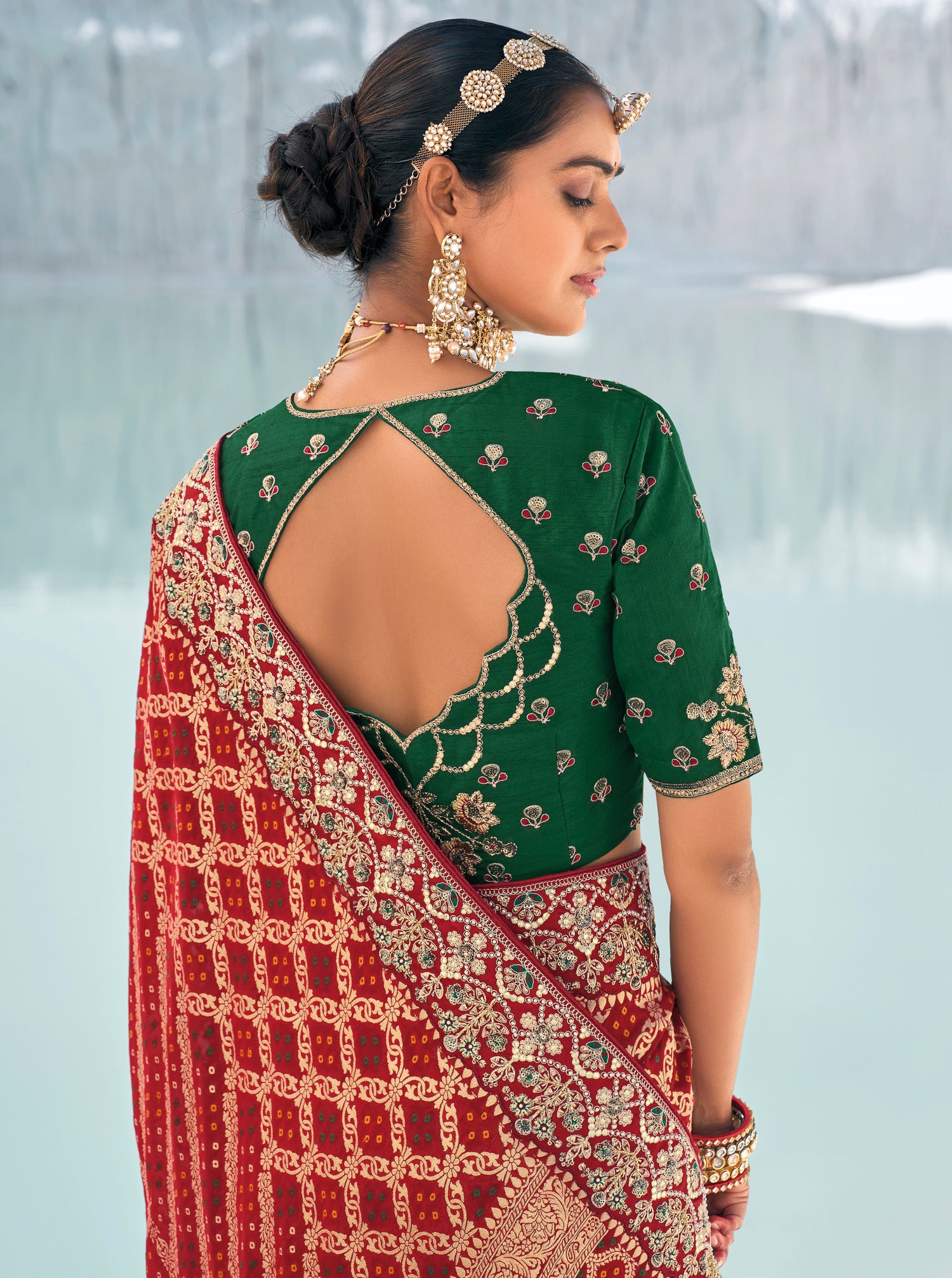 Maroon Bandhani Patola Saree with Zari Weaving &amp; Dual Blouses