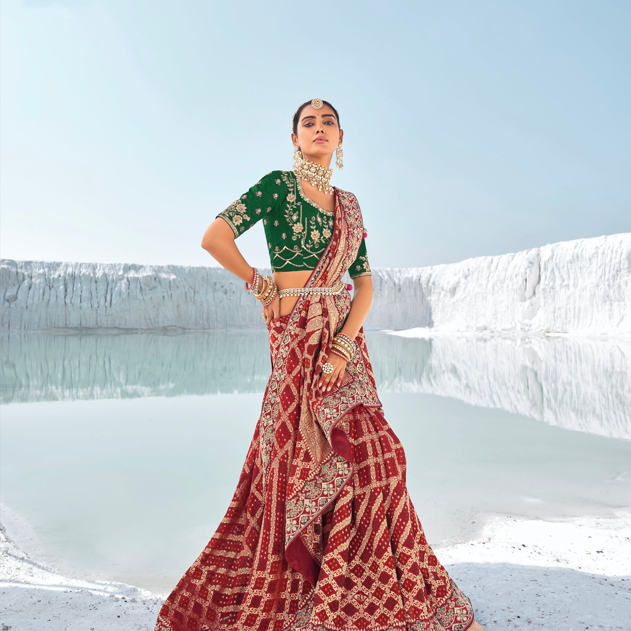 Maroon Bandhani Patola Saree with Zari Weaving & Dual Blouses